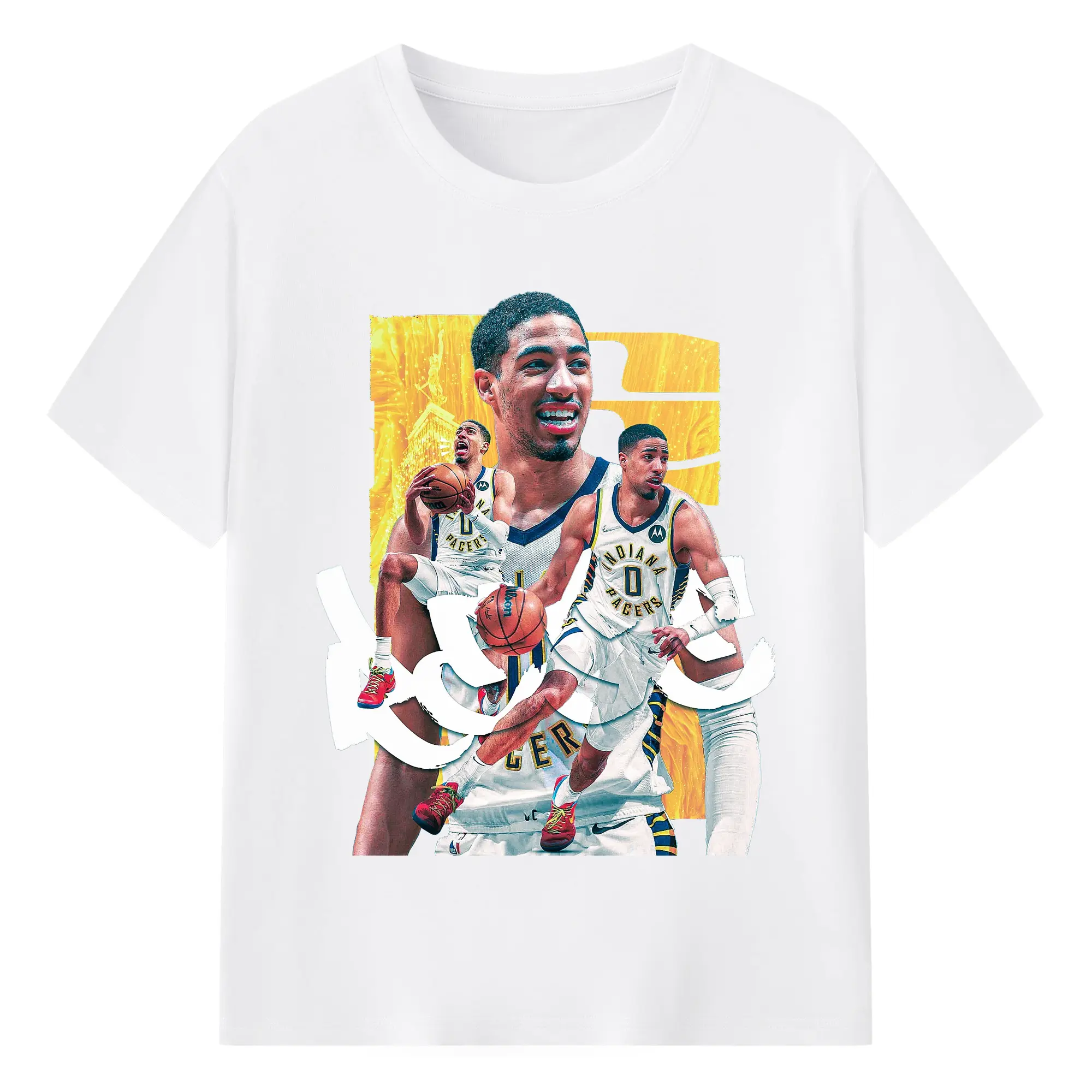 Tyrese Haliburton Indiana Pacers Hoops Art Dynamic Action Shirt - 180g Cotton T-Shirt With Front Heat Transfer Print – Soft, Lightweight, Fitted Design – Comfortable Casual Wear For Sports & Everyday Use