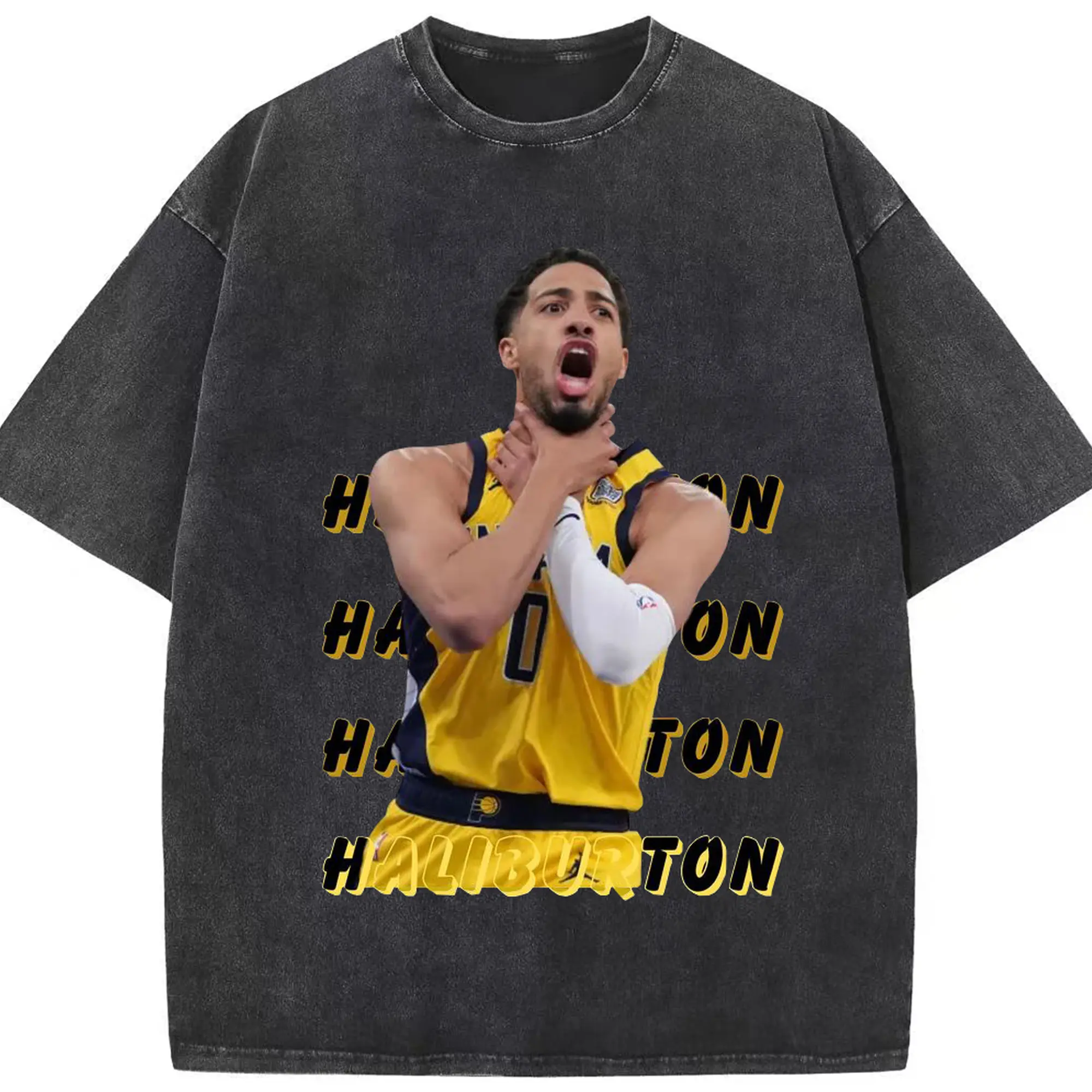 Tyrese Haliburton's neck-choking celebration - Washed Vintage Look 230g Cotton Oversized T-Shirt With Front Heat Transfer Print – Soft, Lightweight, Stylish Fit – Comfortable Casual Wear For Sports & Everyday Use