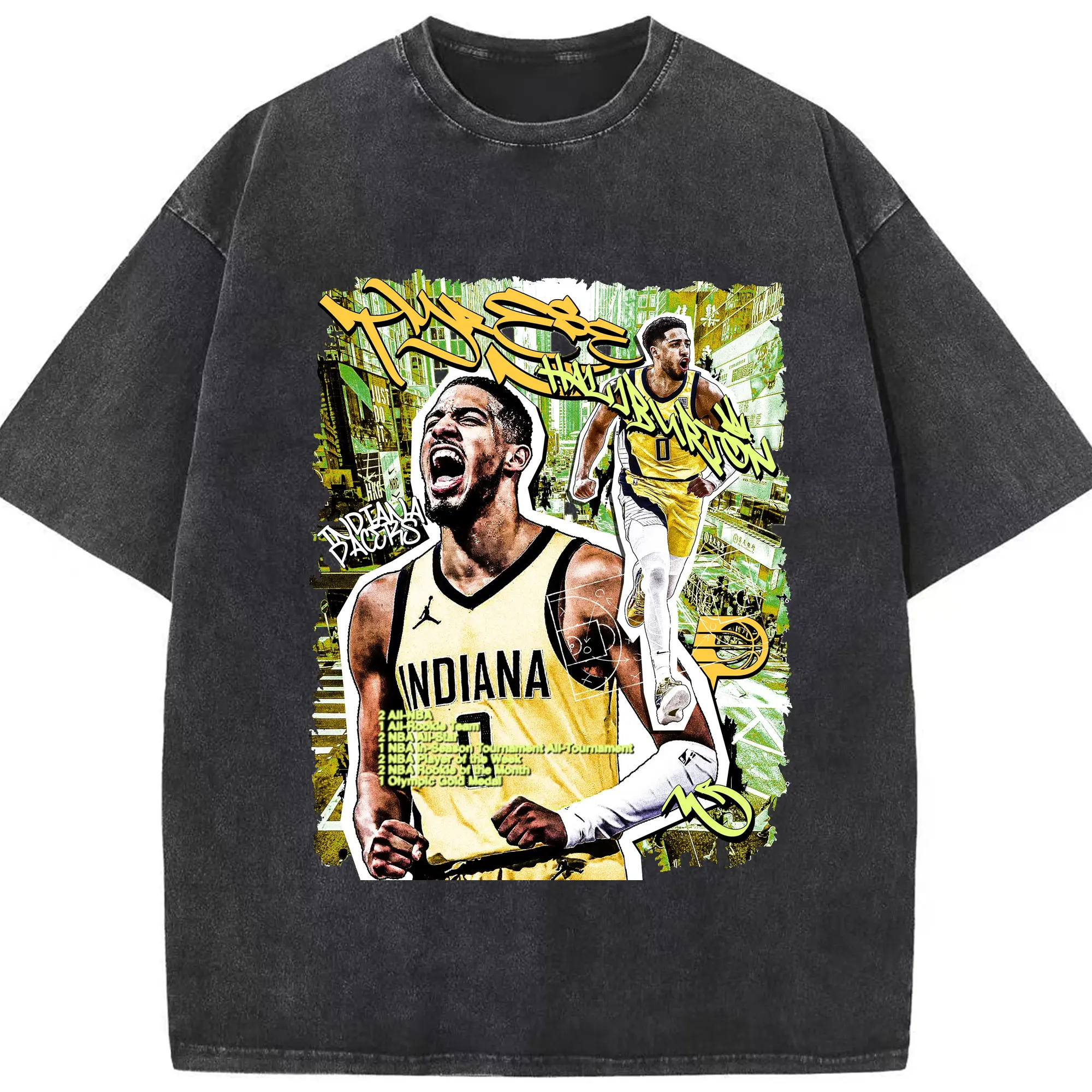 Tyrese Haliburton Career highlights Time Comic Style Shirt - Washed Vintage Look 230g Cotton Oversized T-Shirt With Front Heat Transfer Print – Soft, Lightweight, Stylish Fit – Comfortable Casual Wear For Sports & Everyday Use