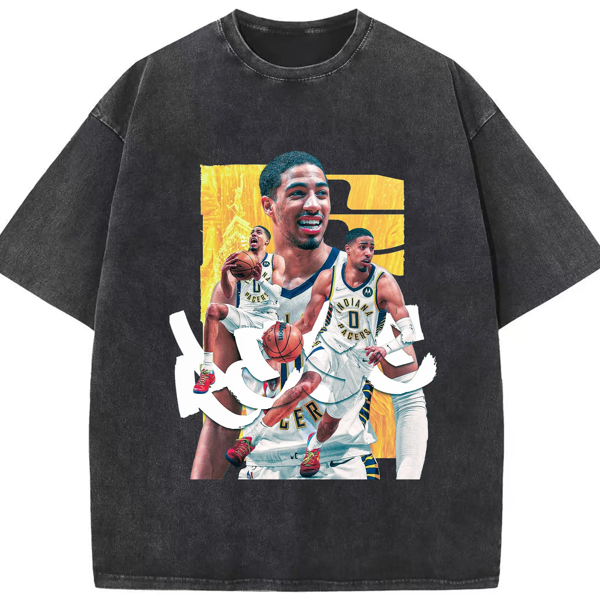 Tyrese Haliburton Indiana Pacers Hoops Art Dynamic Action Shirt - Washed Vintage Look 230g Cotton Oversized T-Shirt With Front Heat Transfer Print – Soft, Lightweight, Stylish Fit – Comfortable Casual Wear For Sports & Everyday Use