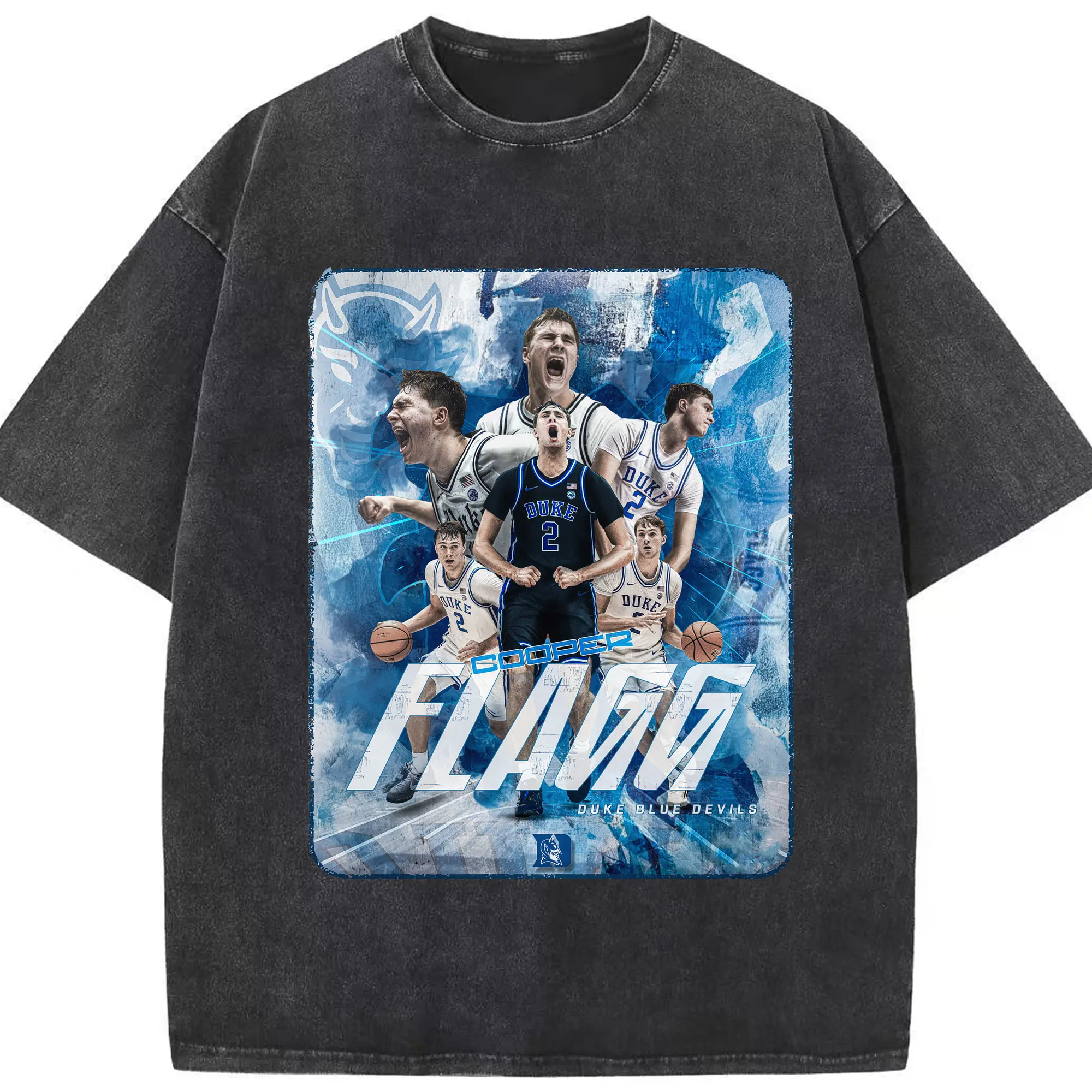 Duke Blue Devils Cooper Flagg Hoops Collage Shirt - Washed Vintage Look 230g Cotton Oversized T-Shirt With Front Heat Transfer Print – Soft, Lightweight, Stylish Fit – Comfortable Casual Wear For Sports & Everyday Use