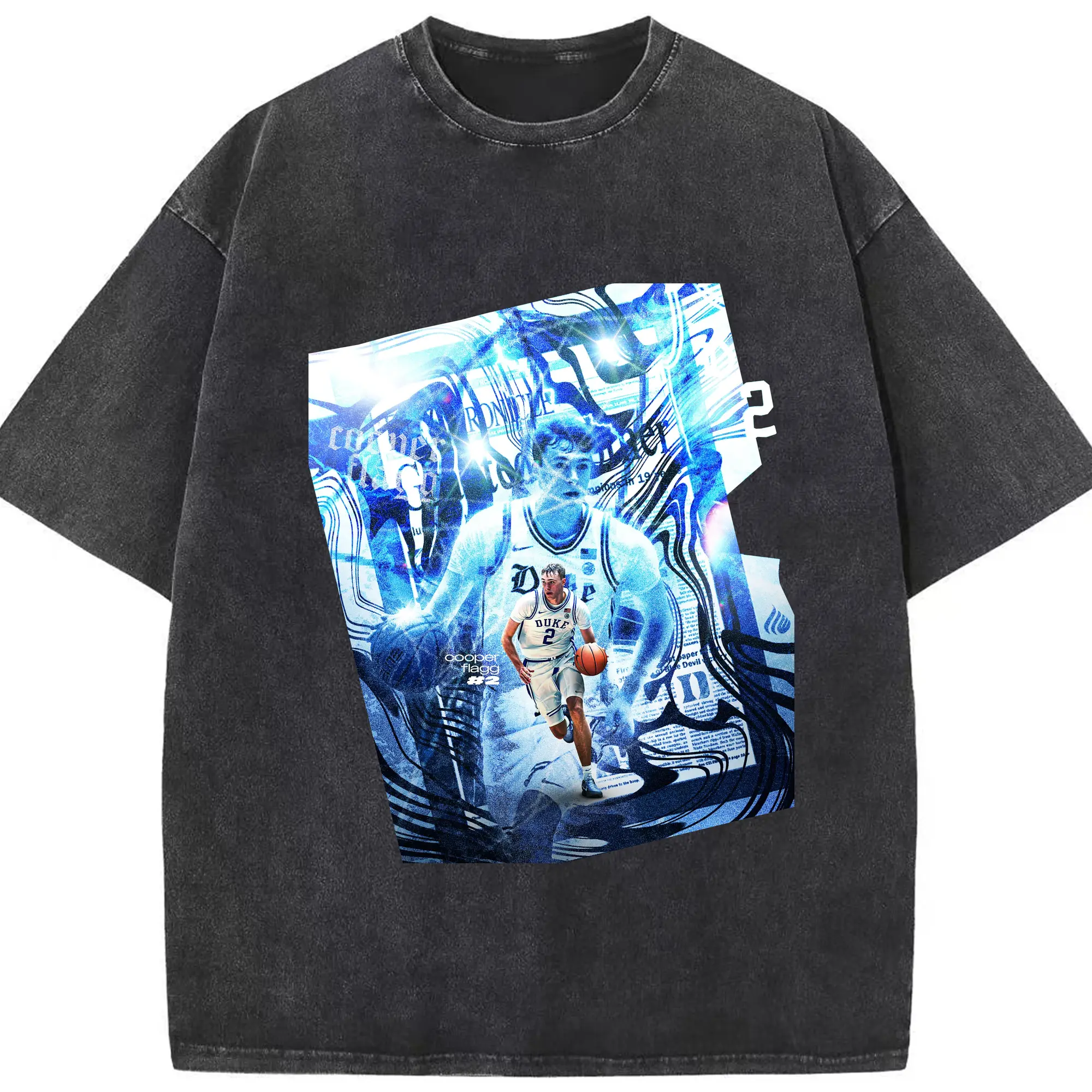 Cooper Flagg NCAA  Duke Cyber Collage - Washed Vintage Look 230g Cotton Oversized T-Shirt With Front Heat Transfer Print – Soft, Lightweight, Stylish Fit – Comfortable Casual Wear For Sports & Everyday Use