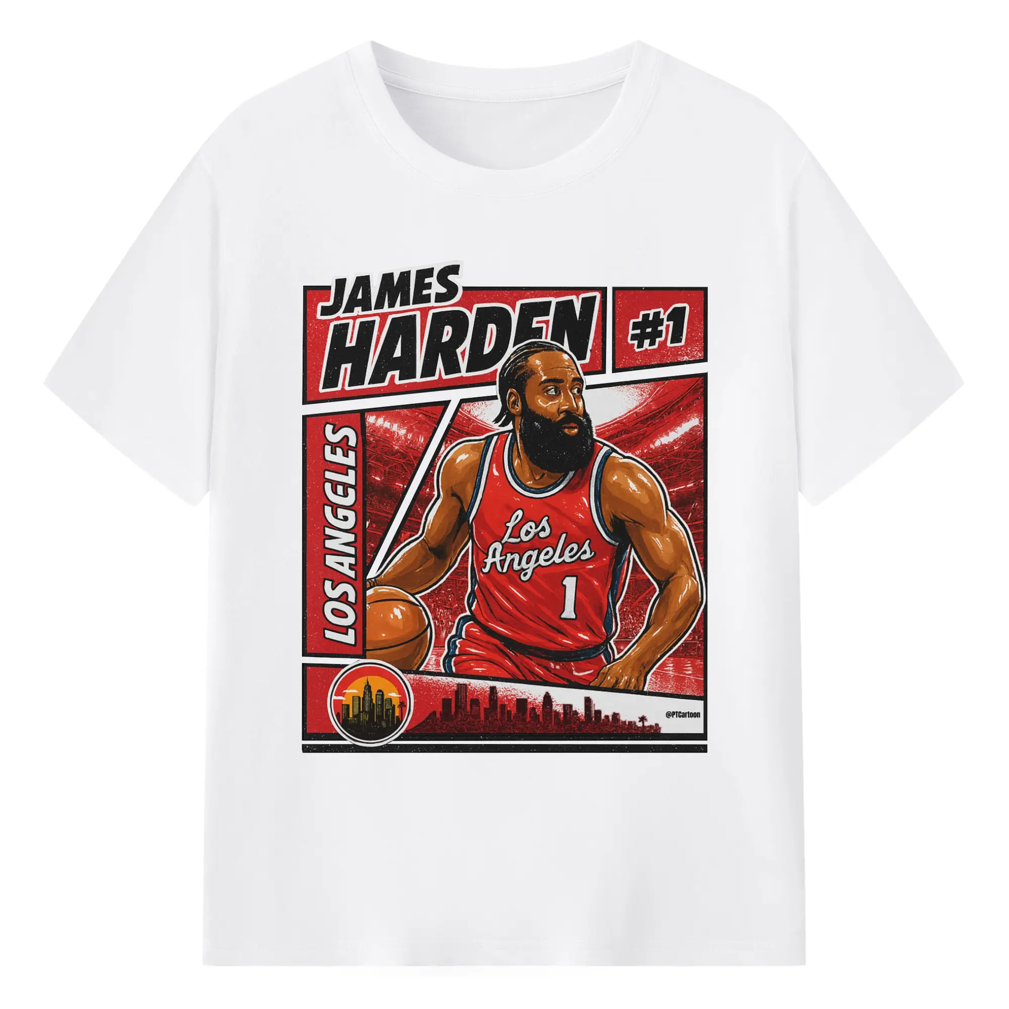James Harden #1 Los Angeles Cartoon Shirt - 180g Cotton T-Shirt With Front Heat Transfer Print – Soft, Lightweight, Fitted Design – Comfortable Casual Wear For Sports & Everyday Use