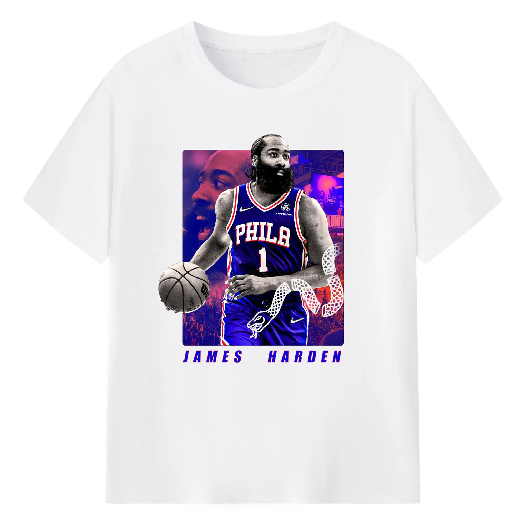 James Harden 76ers #1 White Mamba Art Shirt - 180g Cotton T-Shirt With Front Heat Transfer Print – Soft, Lightweight, Fitted Design – Comfortable Casual Wear For Sports & Everyday Use