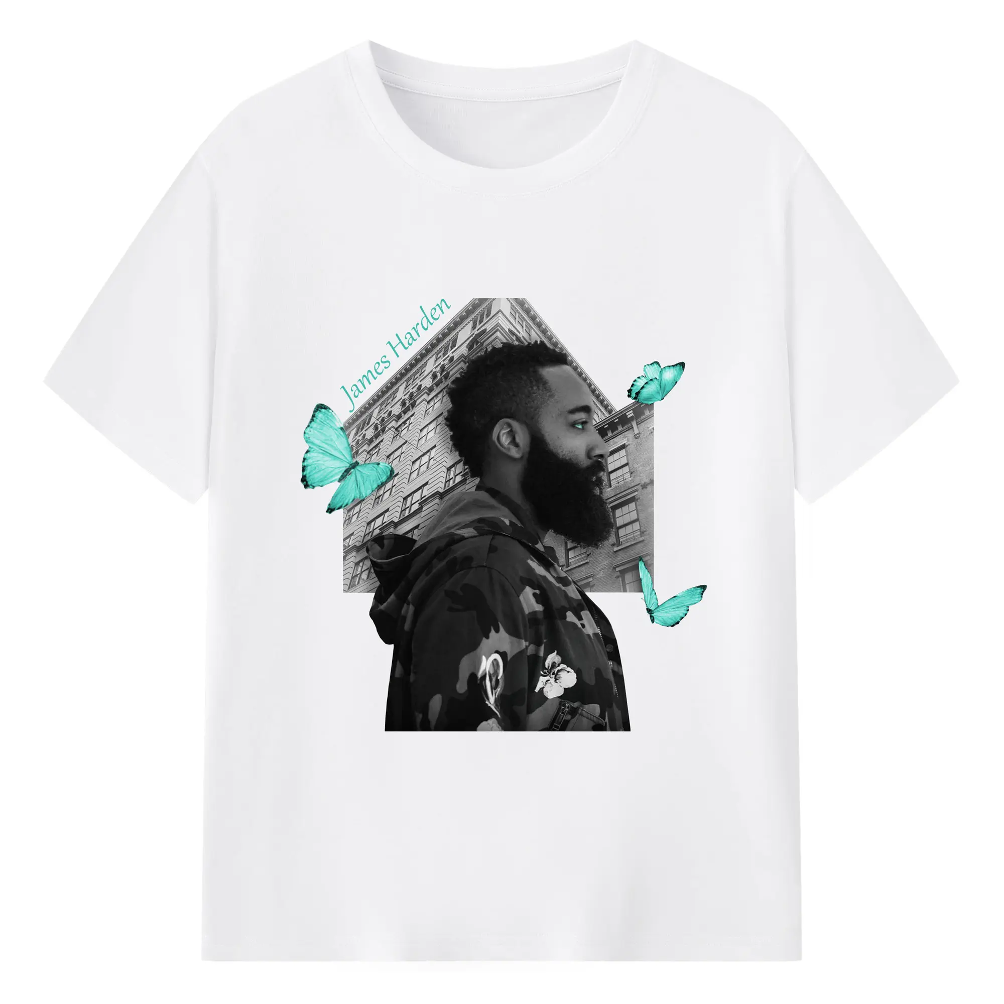 James Harden Tiffany Blue Butterfly Art Shirt - 180g Cotton T-Shirt With Front Heat Transfer Print – Soft, Lightweight, Fitted Design – Comfortable Casual Wear For Sports & Everyday Use