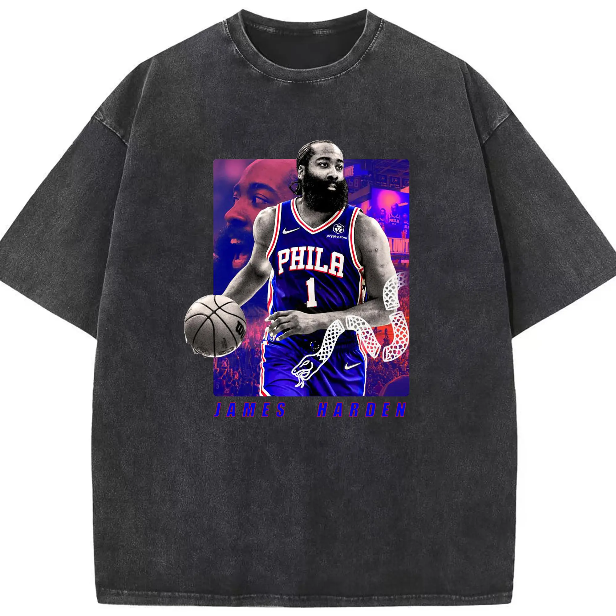 James Harden 76ers #1 White Mamba Art Shirt - Washed Vintage Look 230g Cotton Oversized T-Shirt With Front Heat Transfer Print – Soft, Lightweight, Stylish Fit – Comfortable Casual Wear For Sports & Everyday Use