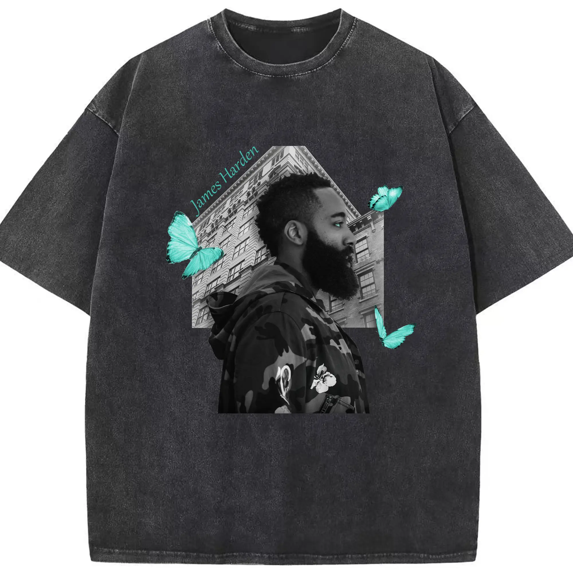 James Harden Tiffany Blue Butterfly Art Shirt - Washed Vintage Look 230g Cotton Oversized T-Shirt With Front Heat Transfer Print – Soft, Lightweight, Stylish Fit – Comfortable Casual Wear For Sports & Everyday Use