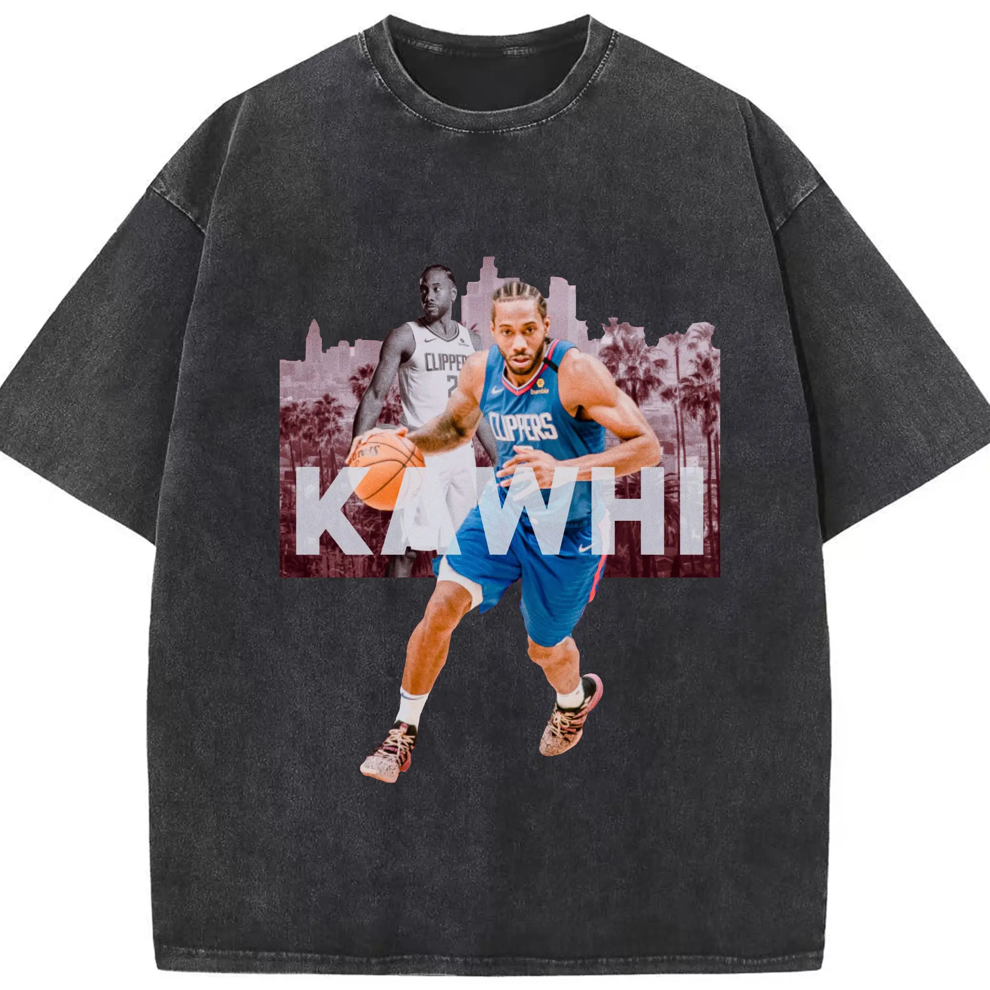 King of LA Clippers:Kawhi Leonard - Washed Vintage Look 230g Cotton Oversized T-Shirt With Front Heat Transfer Print – Soft, Lightweight, Stylish Fit – Comfortable Casual Wear For Sports & Everyday Use