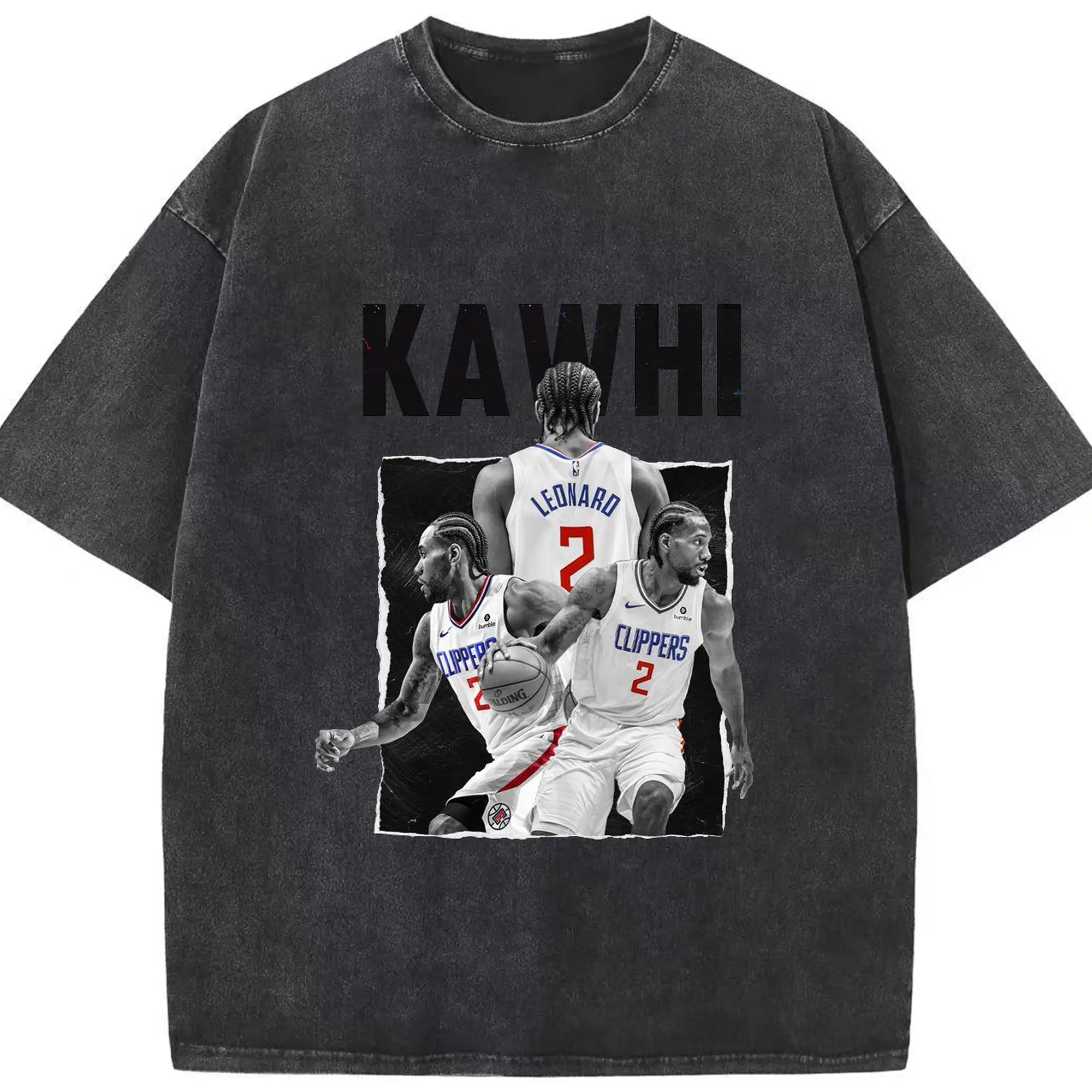 Kawhi Leonard Clippers #2 Black & White NBA Tribute Shirt - Washed Vintage Look 230g Cotton Oversized T-Shirt With Front Heat Transfer Print – Soft, Lightweight, Stylish Fit – Comfortable Casual Wear For Sports & Everyday Use