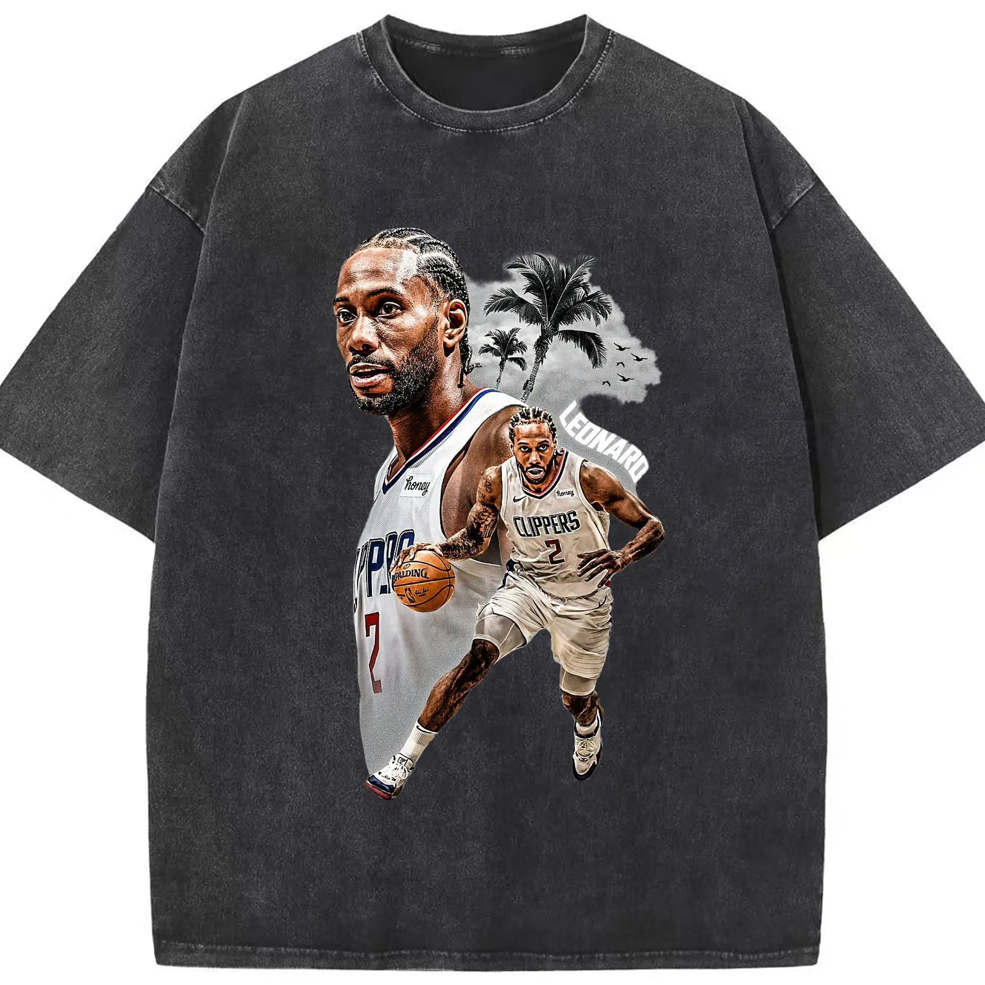 Kawhi Leonard LA Clippers On - Court Palm Tree Style Shirt - Washed Vintage Look 230g Cotton Oversized T-Shirt With Front Heat Transfer Print – Soft, Lightweight, Stylish Fit – Comfortable Casual Wear For Sports & Everyday Use