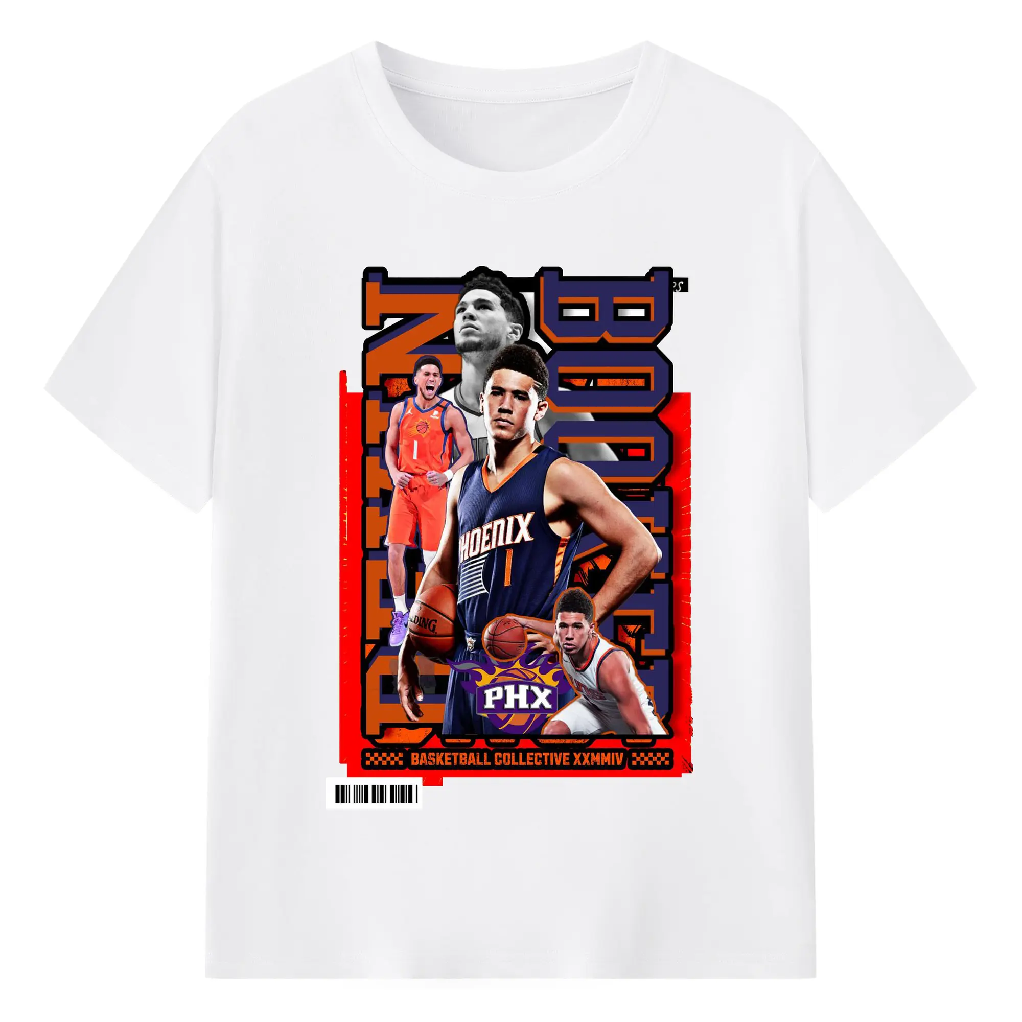 Retro PHX Devin Booker Basketball Card Shirt - 180g Cotton T-Shirt With Front Heat Transfer Print – Soft, Lightweight, Fitted Design – Comfortable Casual Wear For Sports & Everyday Use
