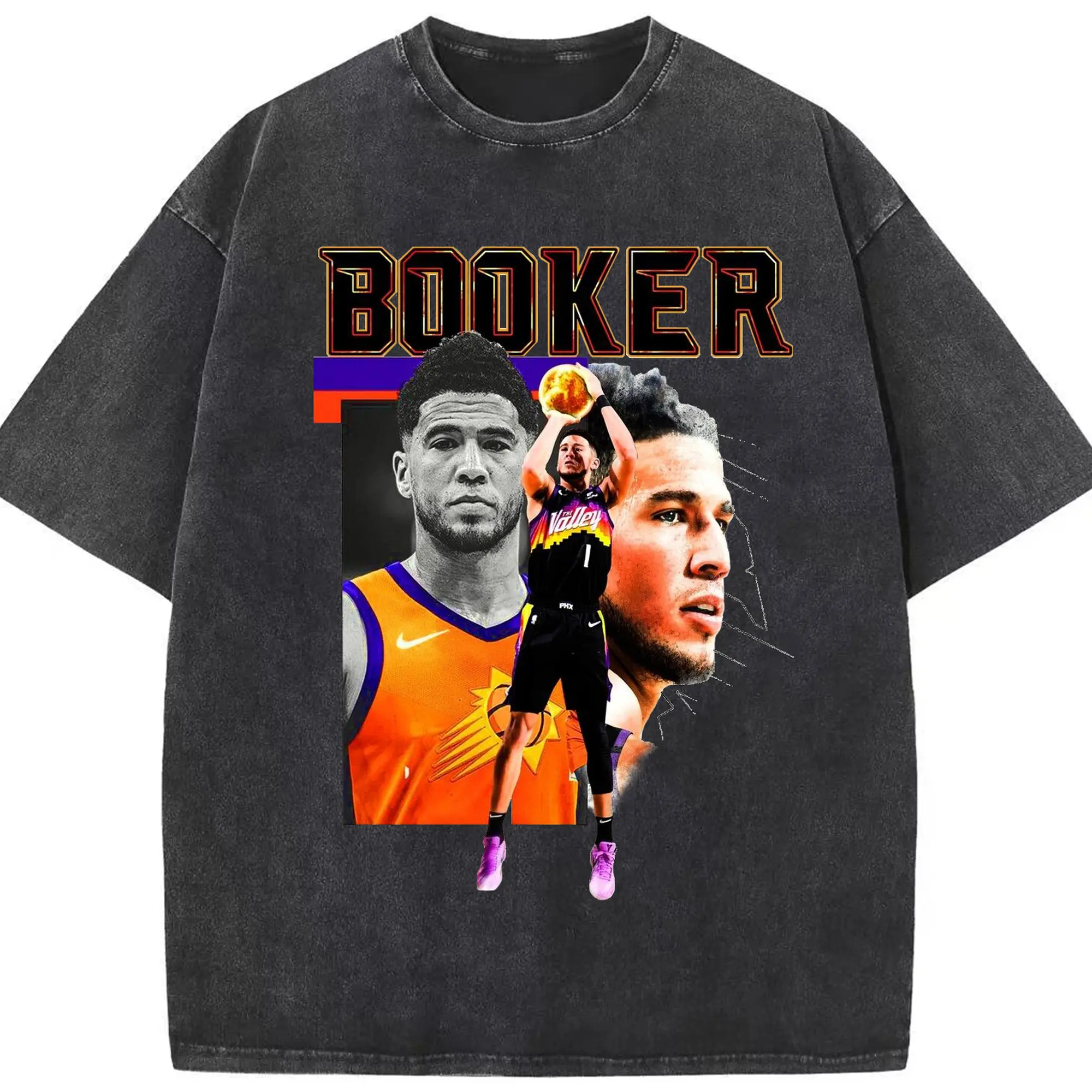 Devin Booker Jump Shot Poster Shirt - Washed Vintage Look 230g Cotton Oversized T-Shirt With Front Heat Transfer Print – Soft, Lightweight, Stylish Fit – Comfortable Casual Wear For Sports & Everyday Use
