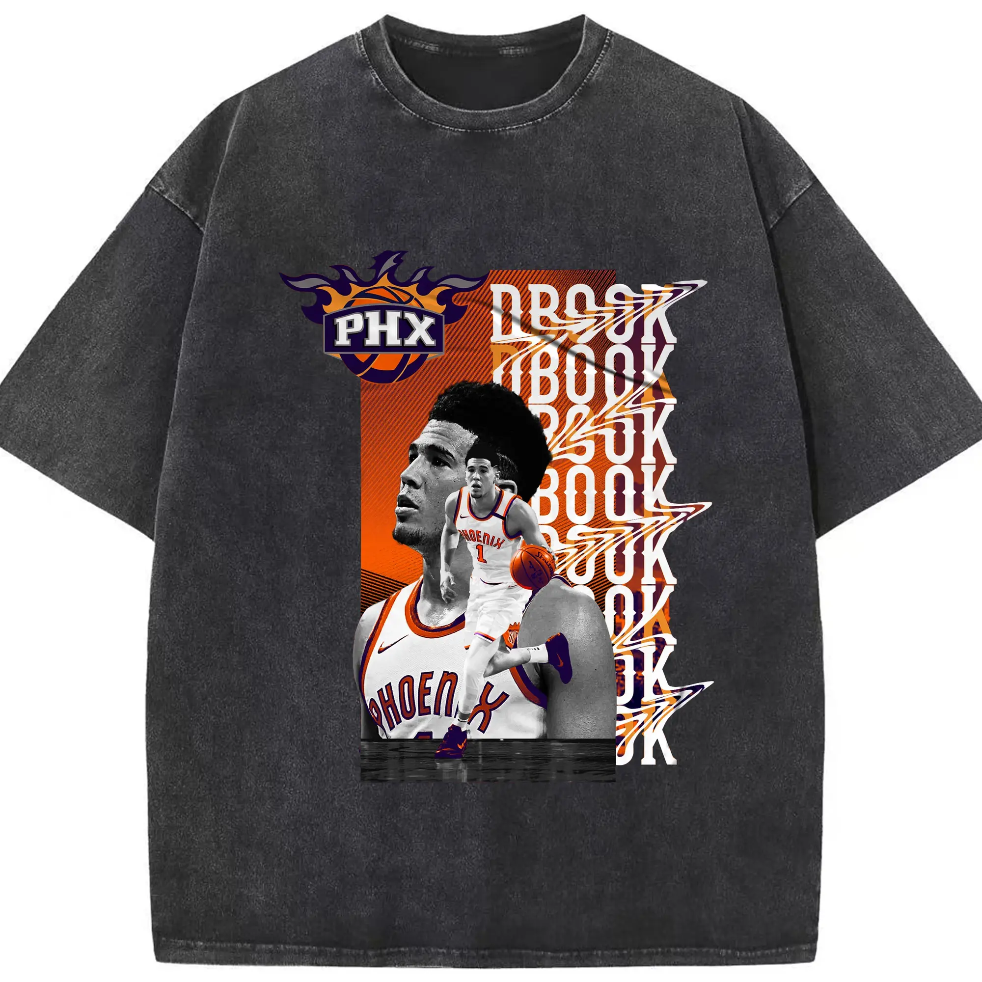Phoenix Suns Devin Booker Retro Collage Basketball Shirt - Washed Vintage Look 230g Cotton Oversized T-Shirt With Front Heat Transfer Print – Soft, Lightweight, Stylish Fit – Comfortable Casual Wear For Sports & Everyday Use