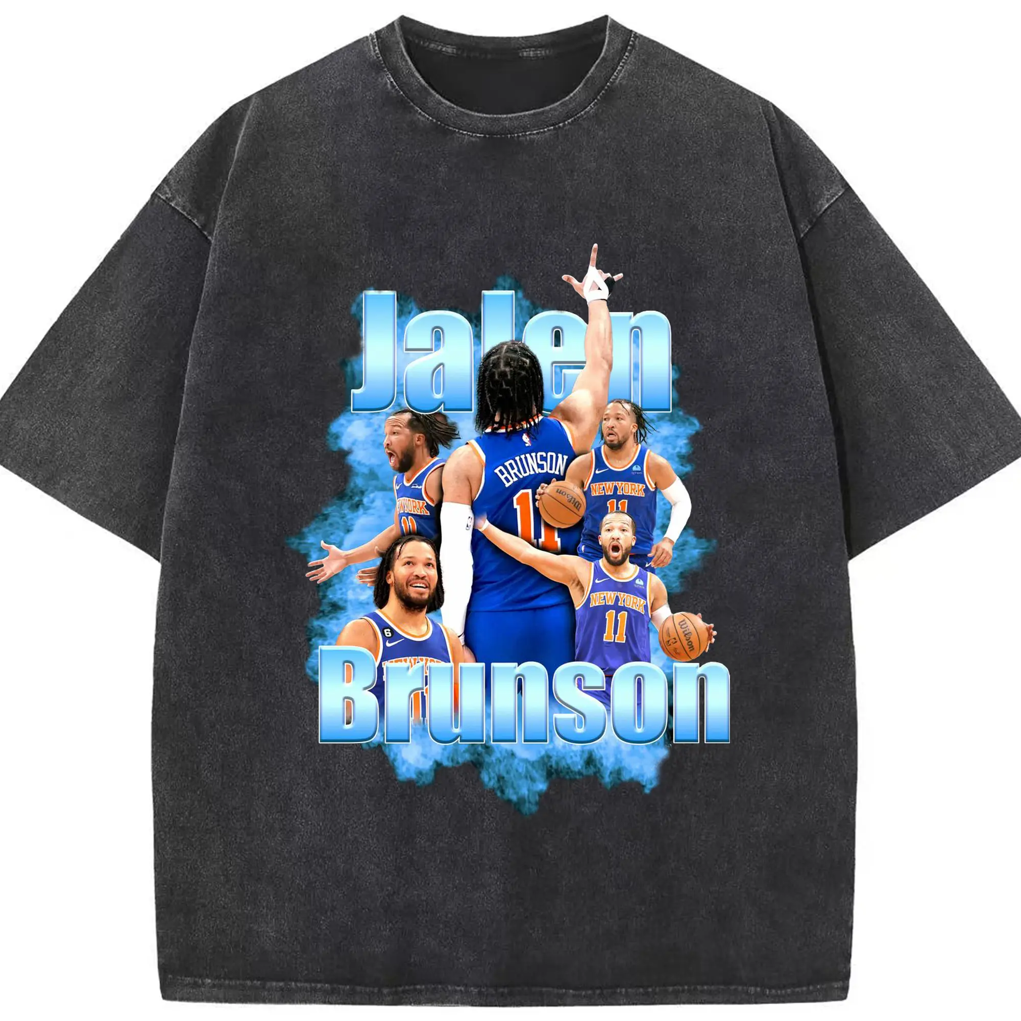 Jalen Brunson Blue Smoke Graphic Shirt - Washed Vintage Look 230g Cotton Oversized T-Shirt With Front Heat Transfer Print – Soft, Lightweight, Stylish Fit – Comfortable Casual Wear For Sports & Everyday Use