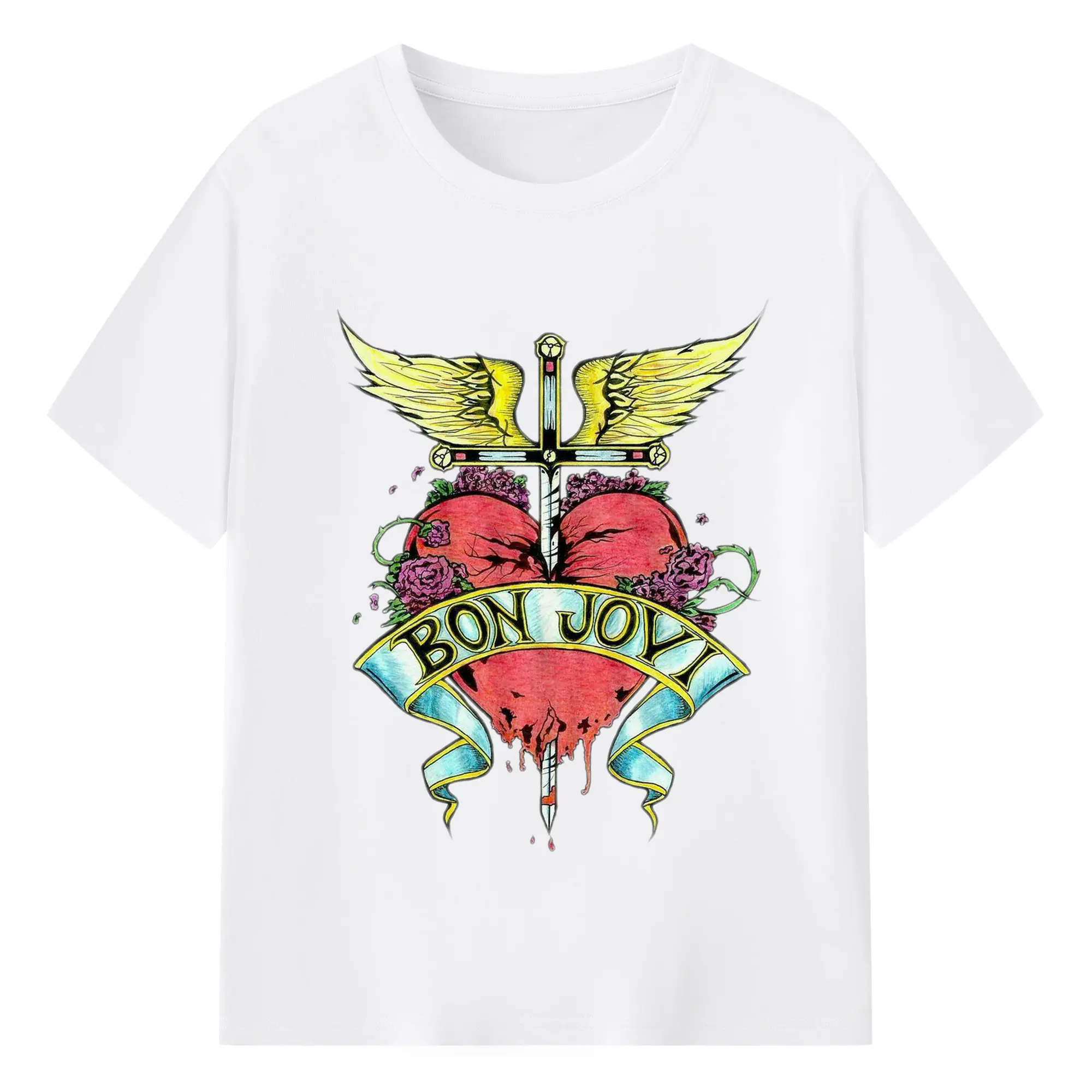 Bon Jovi Rock Heart Cross DIY Sihirt - 180g Cotton T-Shirt With Front Heat Transfer Print – Soft, Lightweight, Fitted Design – Comfortable Casual Wear For Sports & Everyday Use