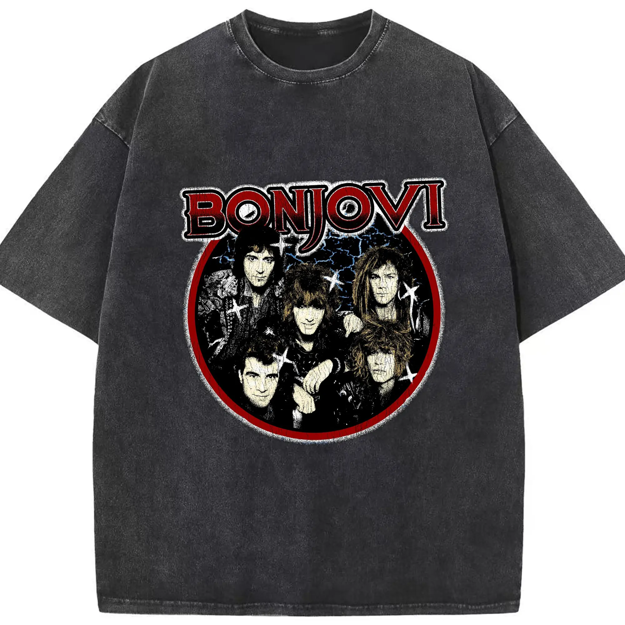 Bon Jovi Vintage Rock Band DIY Shirt - Washed Vintage Look 230g Cotton Oversized T-Shirt With Front Heat Transfer Print – Soft, Lightweight, Stylish Fit – Comfortable Casual Wear For Sports & Everyday Use