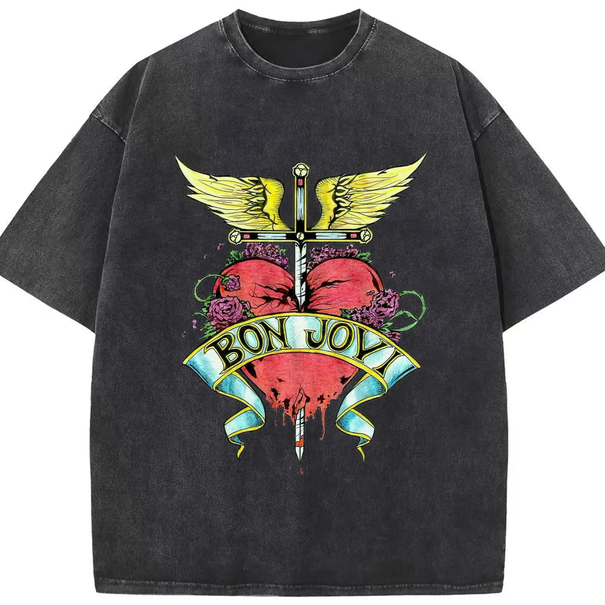 Bon Jovi Rock Heart Cross DIY Sihirt - Washed Vintage Look 230g Cotton Oversized T-Shirt With Front Heat Transfer Print – Soft, Lightweight, Stylish Fit – Comfortable Casual Wear For Sports & Everyday Use