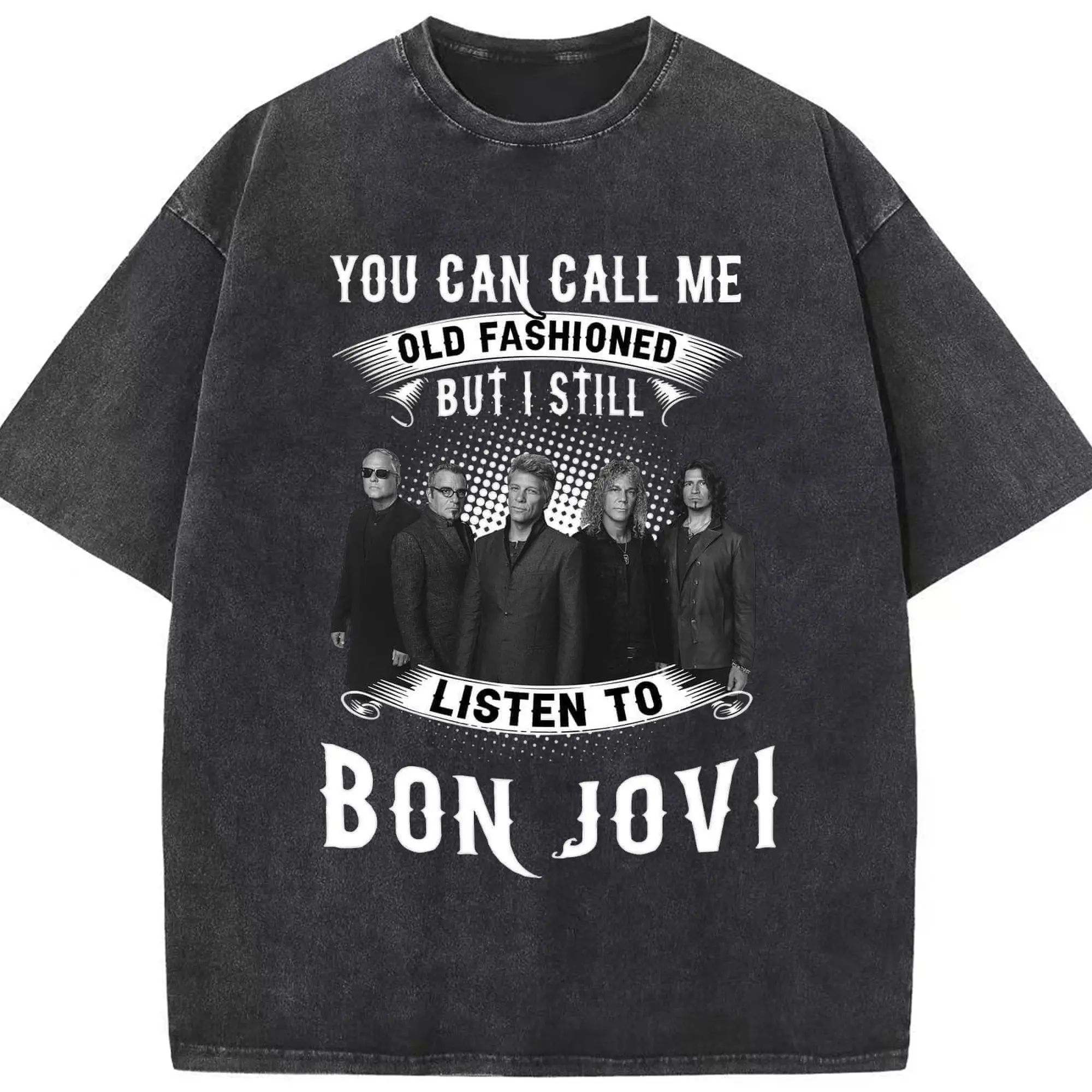 Bon Jovi Old Fashioned Retro Rock DIY Shirt - Washed Vintage Look 230g Cotton Oversized T-Shirt With Front Heat Transfer Print – Soft, Lightweight, Stylish Fit – Comfortable Casual Wear For Sports & Everyday Use