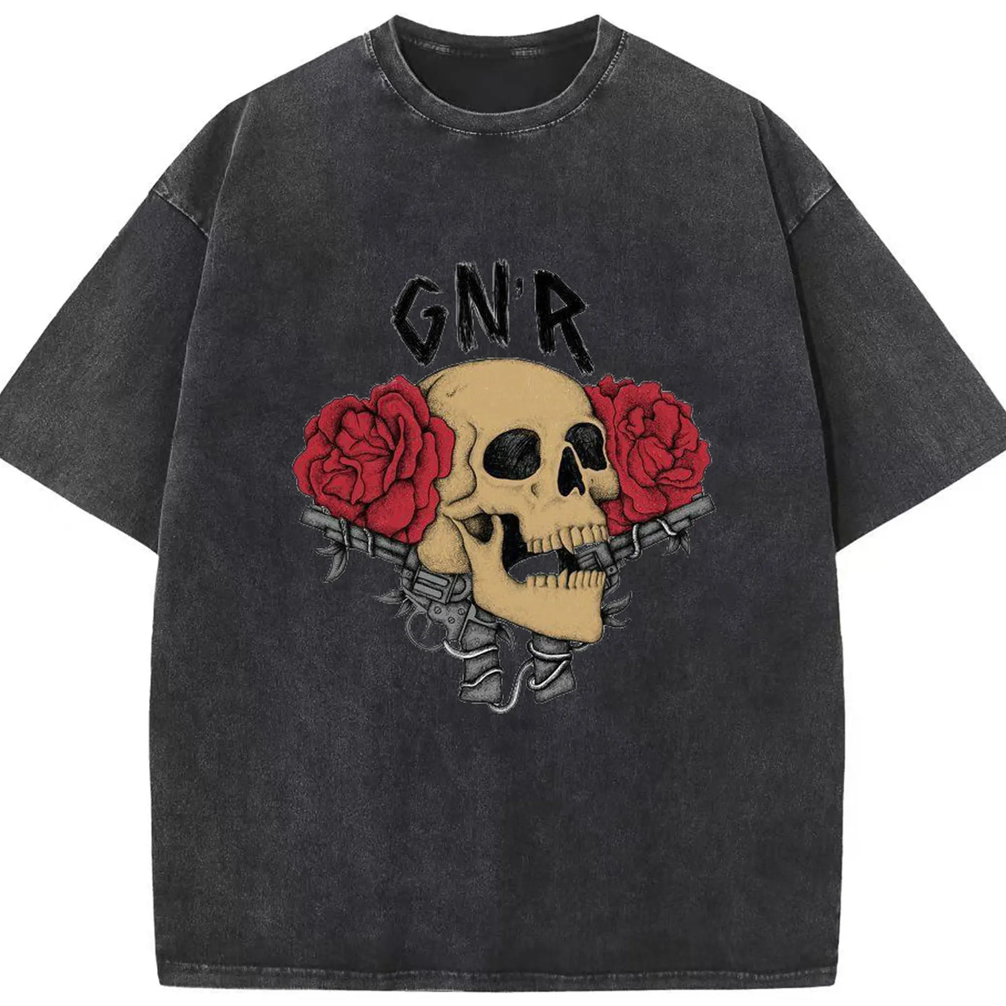 Guns N' Roses Skull & Rose Rock DIY Shirt - Washed Vintage Look 230g Cotton Oversized T-Shirt With Front Heat Transfer Print – Soft, Lightweight, Stylish Fit – Comfortable Casual Wear For Sports & Everyday Use