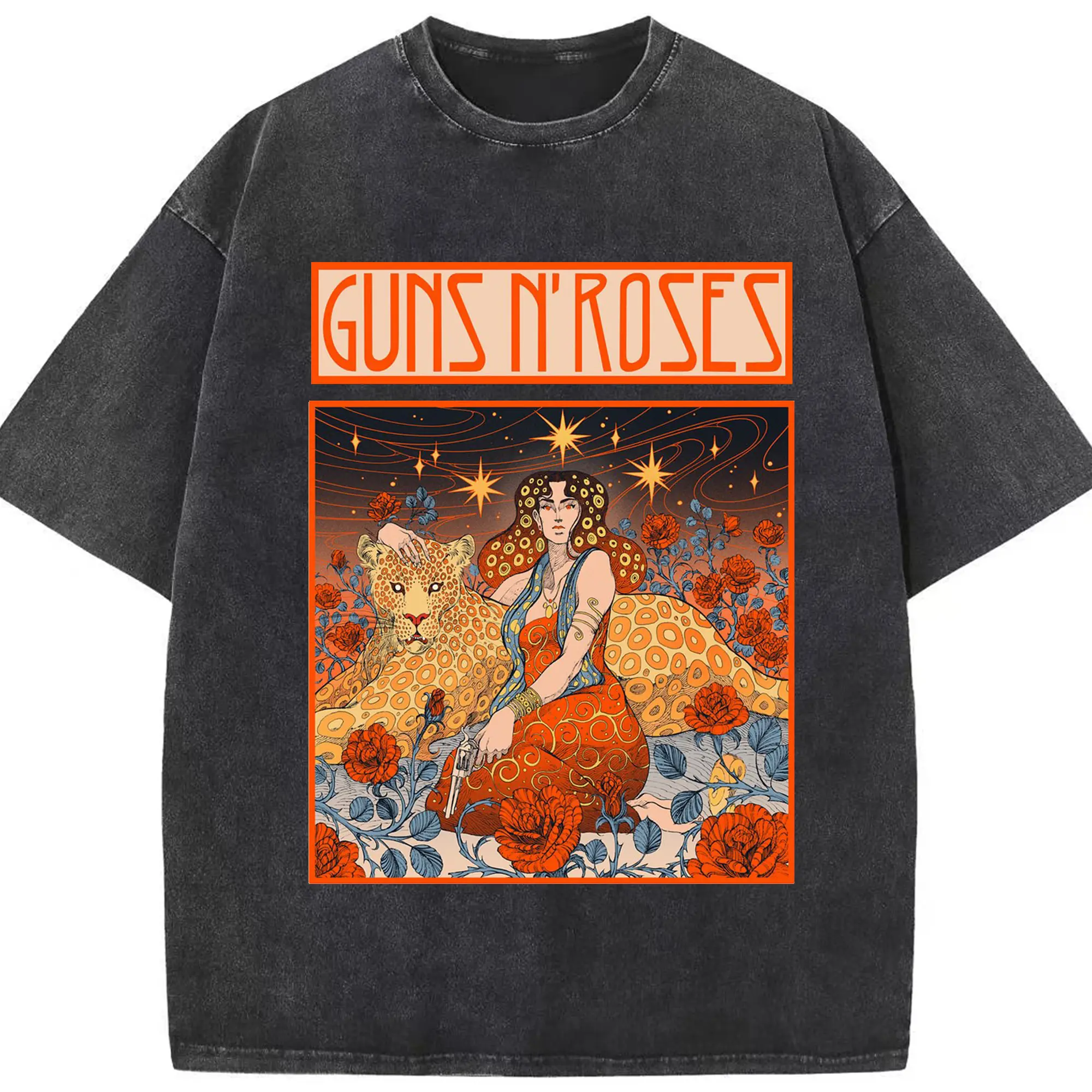 Guns N' Roses Art Nouveau Rock DIY Shirt - Washed Vintage Look 230g Cotton Oversized T-Shirt With Front Heat Transfer Print – Soft, Lightweight, Stylish Fit – Comfortable Casual Wear For Sports & Everyday Use