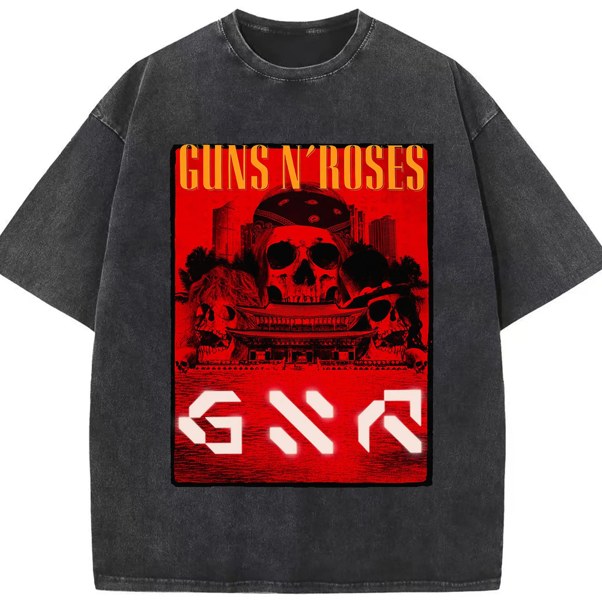 Guns N' Roses Rock Skull DIY Shirt - Washed Vintage Look 230g Cotton Oversized T-Shirt With Front Heat Transfer Print – Soft, Lightweight, Stylish Fit – Comfortable Casual Wear For Sports & Everyday Use