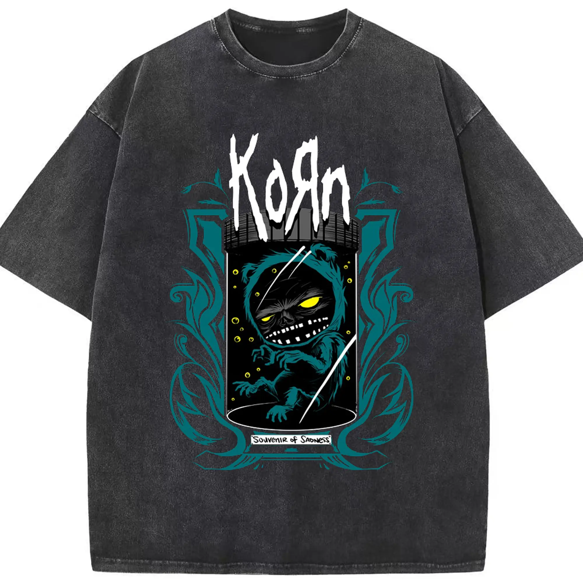 Korn Dark Fantasy Alternative Rock DIY Shirt - Washed Vintage Look 230g Cotton Oversized T-Shirt With Front Heat Transfer Print – Soft, Lightweight, Stylish Fit – Comfortable Casual Wear For Sports & Everyday Use