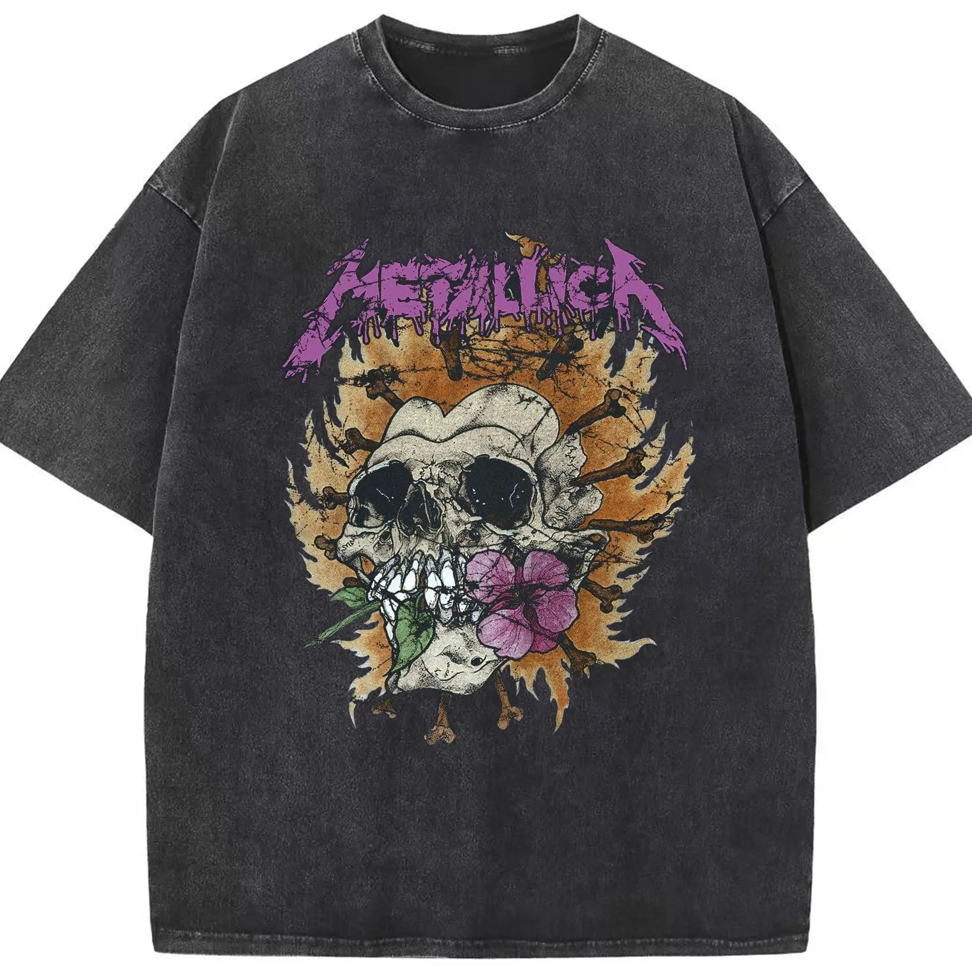 Metallica Dark Rock Skull DIY Shirt - Washed Vintage Look 230g Cotton Oversized T-Shirt With Front Heat Transfer Print – Soft, Lightweight, Stylish Fit – Comfortable Casual Wear For Sports & Everyday Use