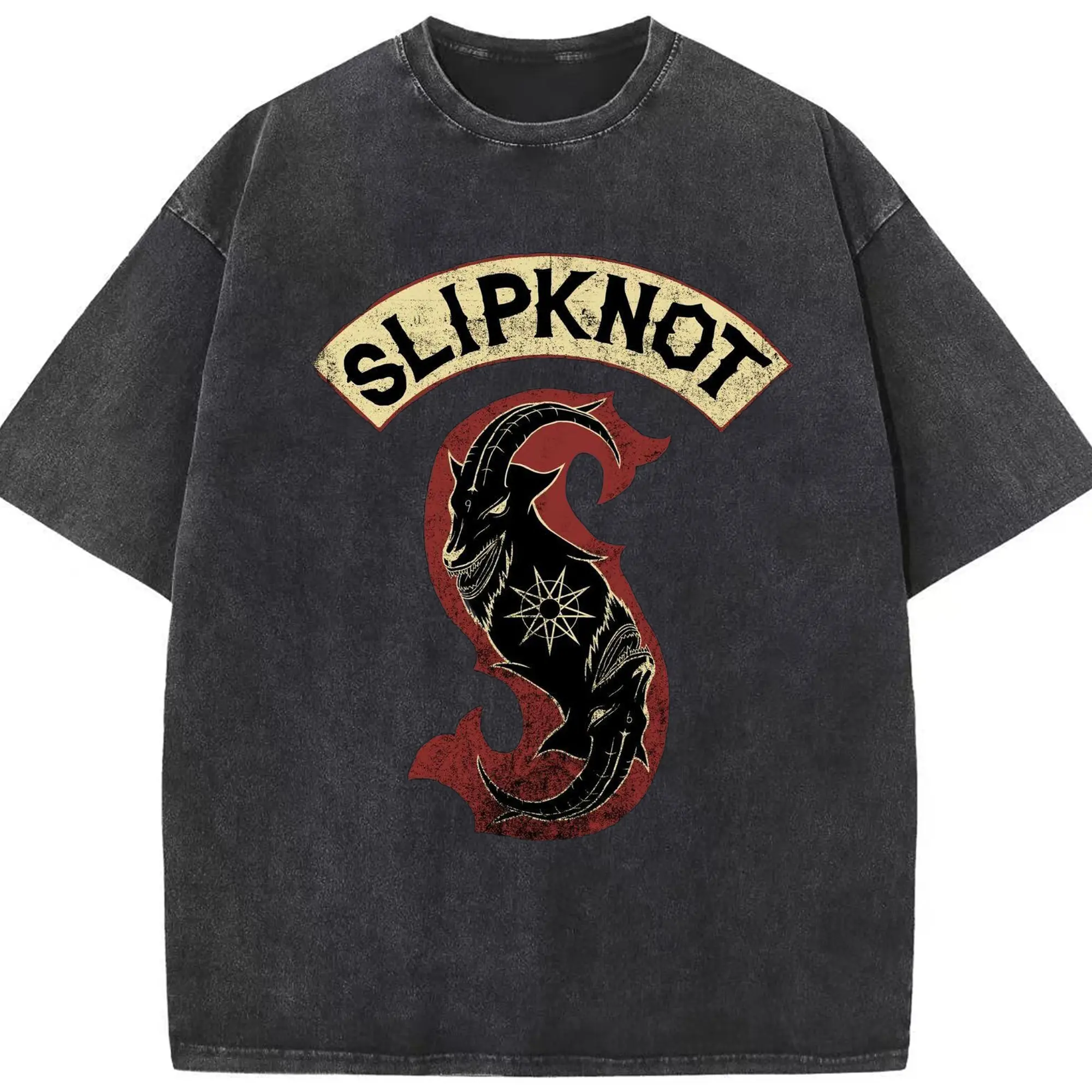 Slipknot Dark Goat Satanic Star Symbol DIY Shirt - Washed Vintage Look 230g Cotton Oversized T-Shirt With Front Heat Transfer Print – Soft, Lightweight, Stylish Fit – Comfortable Casual Wear For Sports & Everyday Use