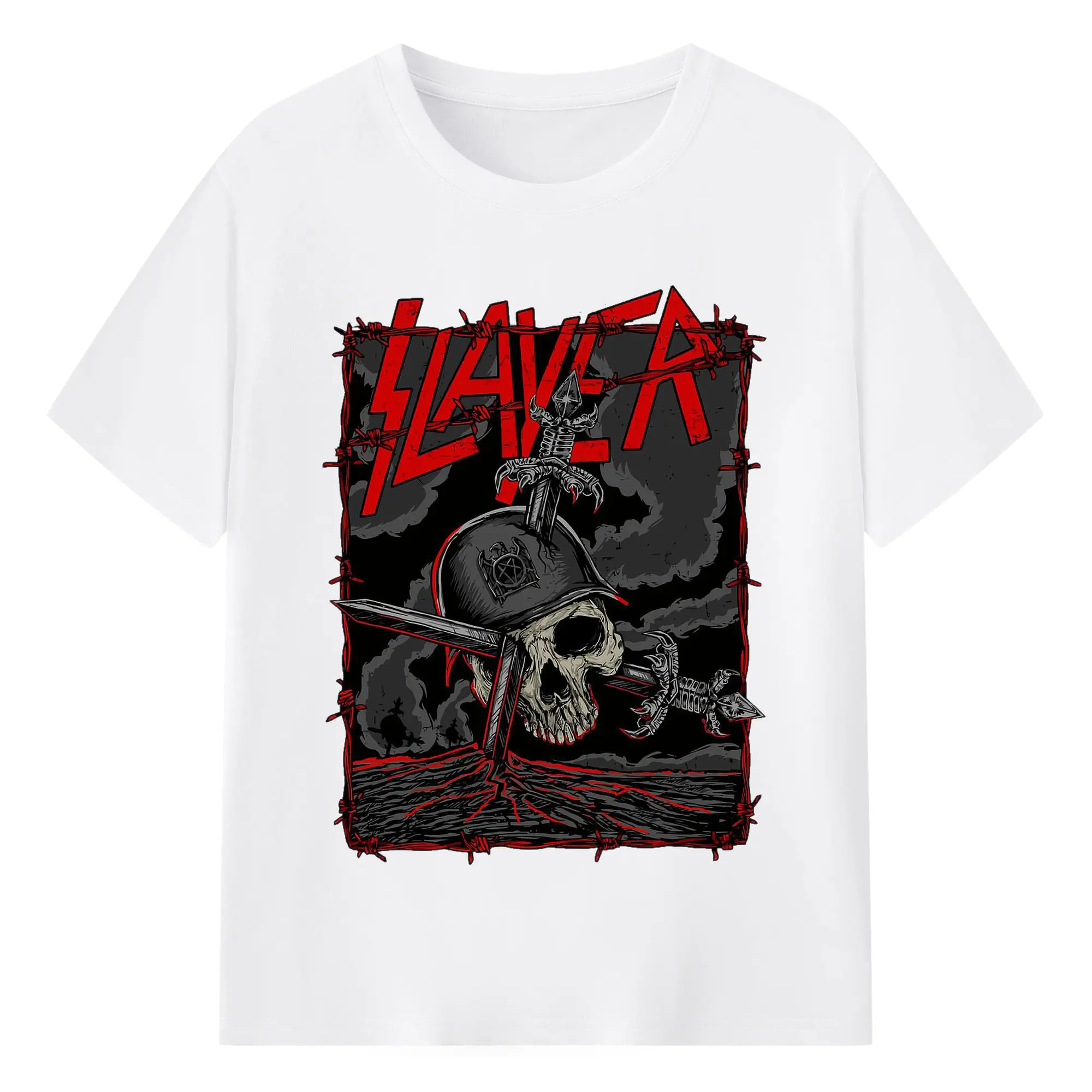 Dark Rock Style Slayer Military Skull DIY Shirt - 180g Cotton T-Shirt With Front Heat Transfer Print – Soft, Lightweight, Fitted Design – Comfortable Casual Wear For Sports & Everyday Use