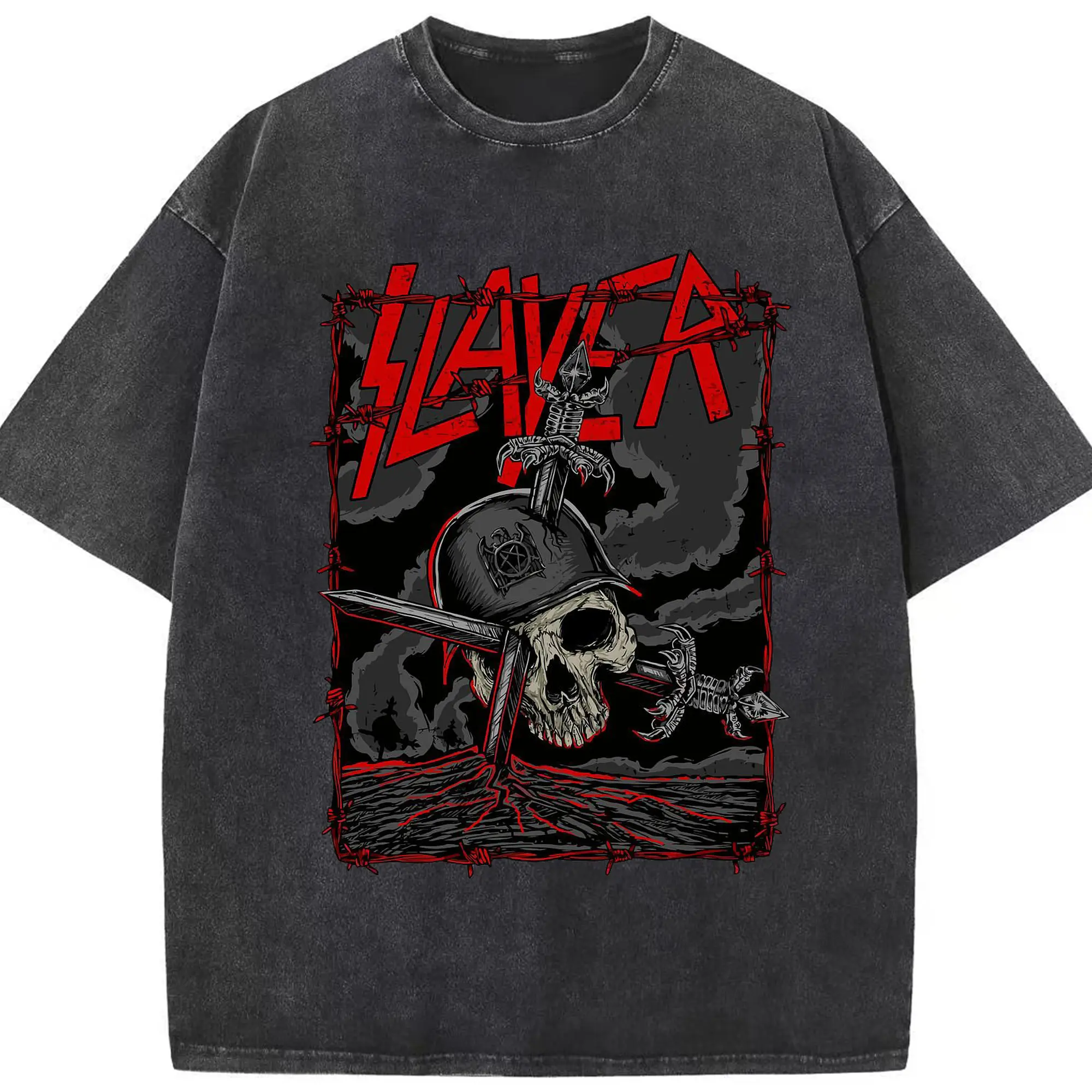 Dark Rock Style Slayer Military Skull DIY Shirt - Washed Vintage Look 230g Cotton Oversized T-Shirt With Front Heat Transfer Print – Soft, Lightweight, Stylish Fit – Comfortable Casual Wear For Sports & Everyday Use