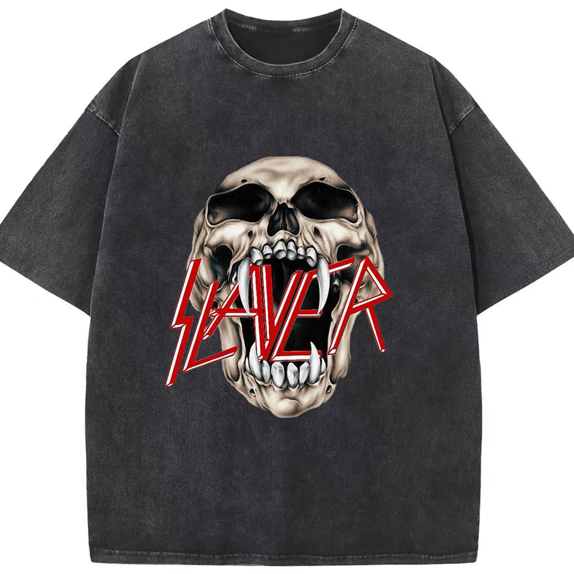 Slayer “Roaring Skeleton” Thrash Metal DIY Shirt - Washed Vintage Look 230g Cotton Oversized T-Shirt With Front Heat Transfer Print – Soft, Lightweight, Stylish Fit – Comfortable Casual Wear For Sports & Everyday Use