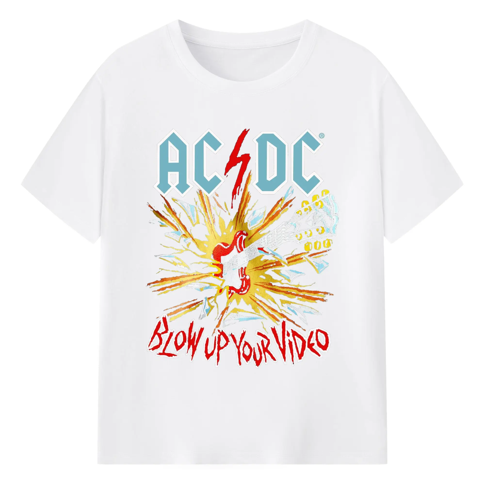 ：AC/DC Hard Rock Album “Blow Up Your Video” DIY - 180g Cotton T-Shirt With Front Heat Transfer Print – Soft, Lightweight, Fitted Design – Comfortable Casual Wear For Sports & Everyday Use