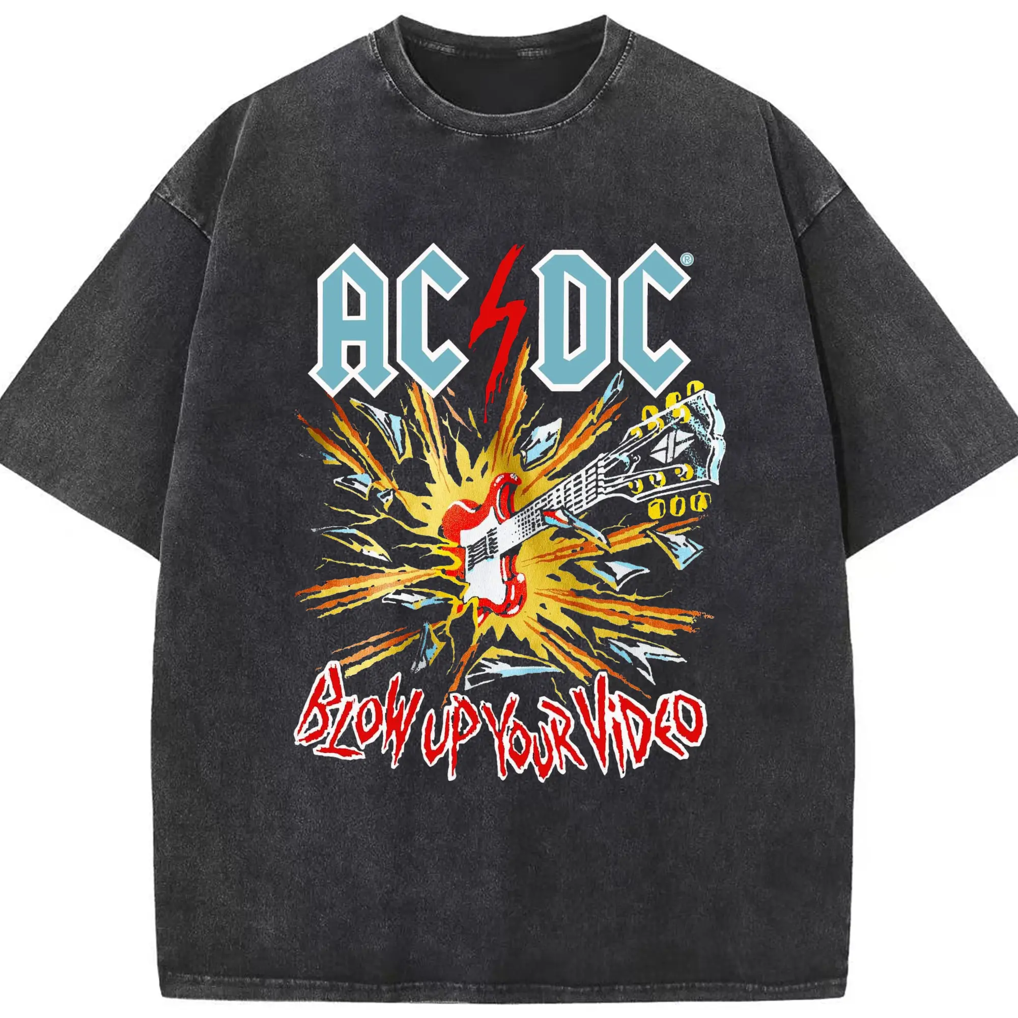 ：AC/DC Hard Rock Album “Blow Up Your Video” DIY - Washed Vintage Look 230g Cotton Oversized T-Shirt With Front Heat Transfer Print – Soft, Lightweight, Stylish Fit – Comfortable Casual Wear For Sports & Everyday Use