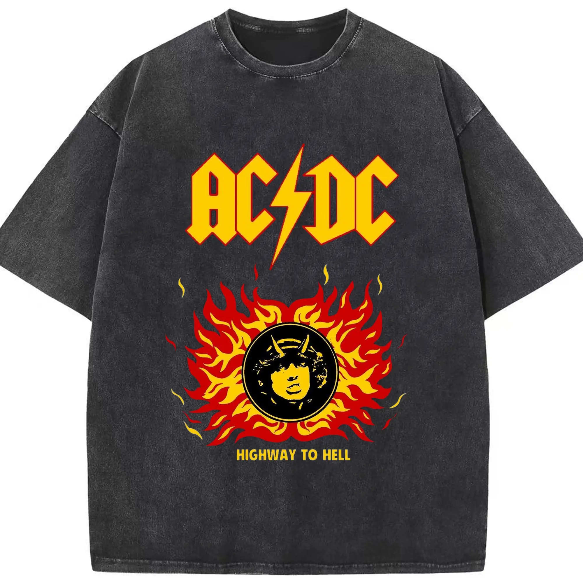 AC/DC Hard Rock “Highway to Hell” DIY - Washed Vintage Look 230g Cotton Oversized T-Shirt With Front Heat Transfer Print – Soft, Lightweight, Stylish Fit – Comfortable Casual Wear For Sports & Everyday Use