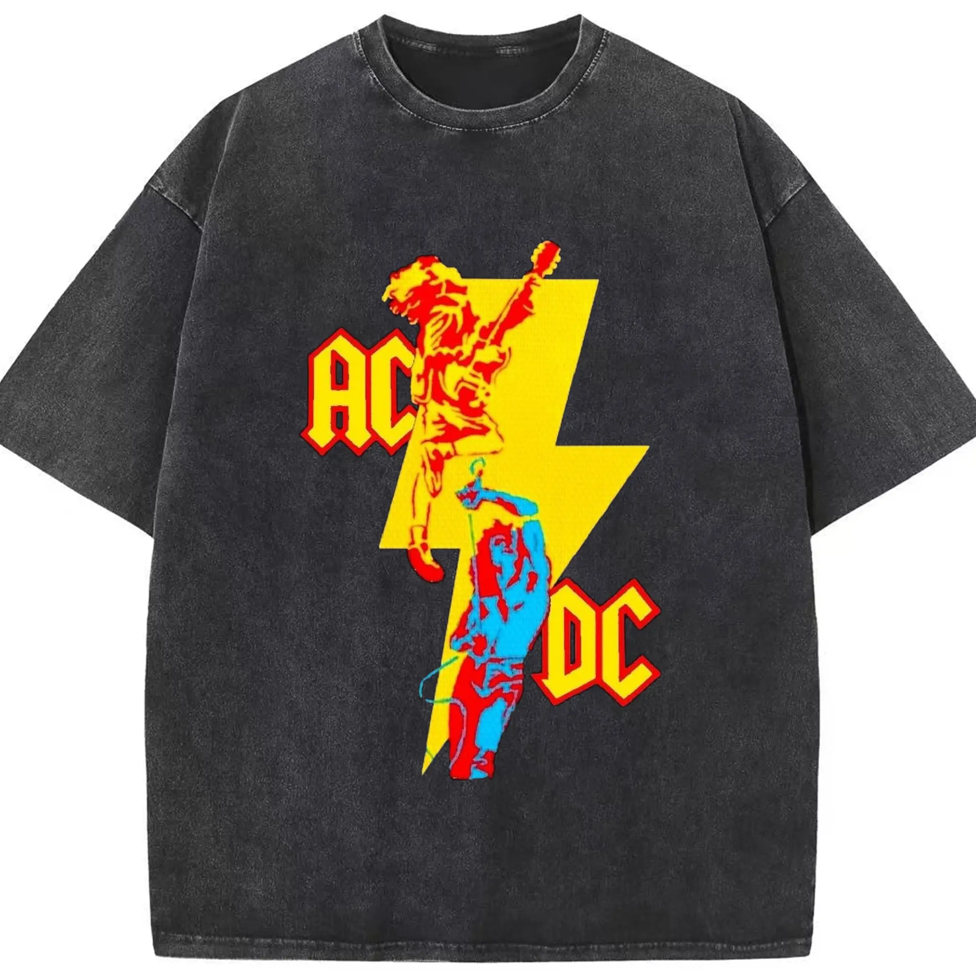 AC/DC Hard Rock Lightning Logo DIY - Washed Vintage Look 230g Cotton Oversized T-Shirt With Front Heat Transfer Print – Soft, Lightweight, Stylish Fit – Comfortable Casual Wear For Sports & Everyday Use