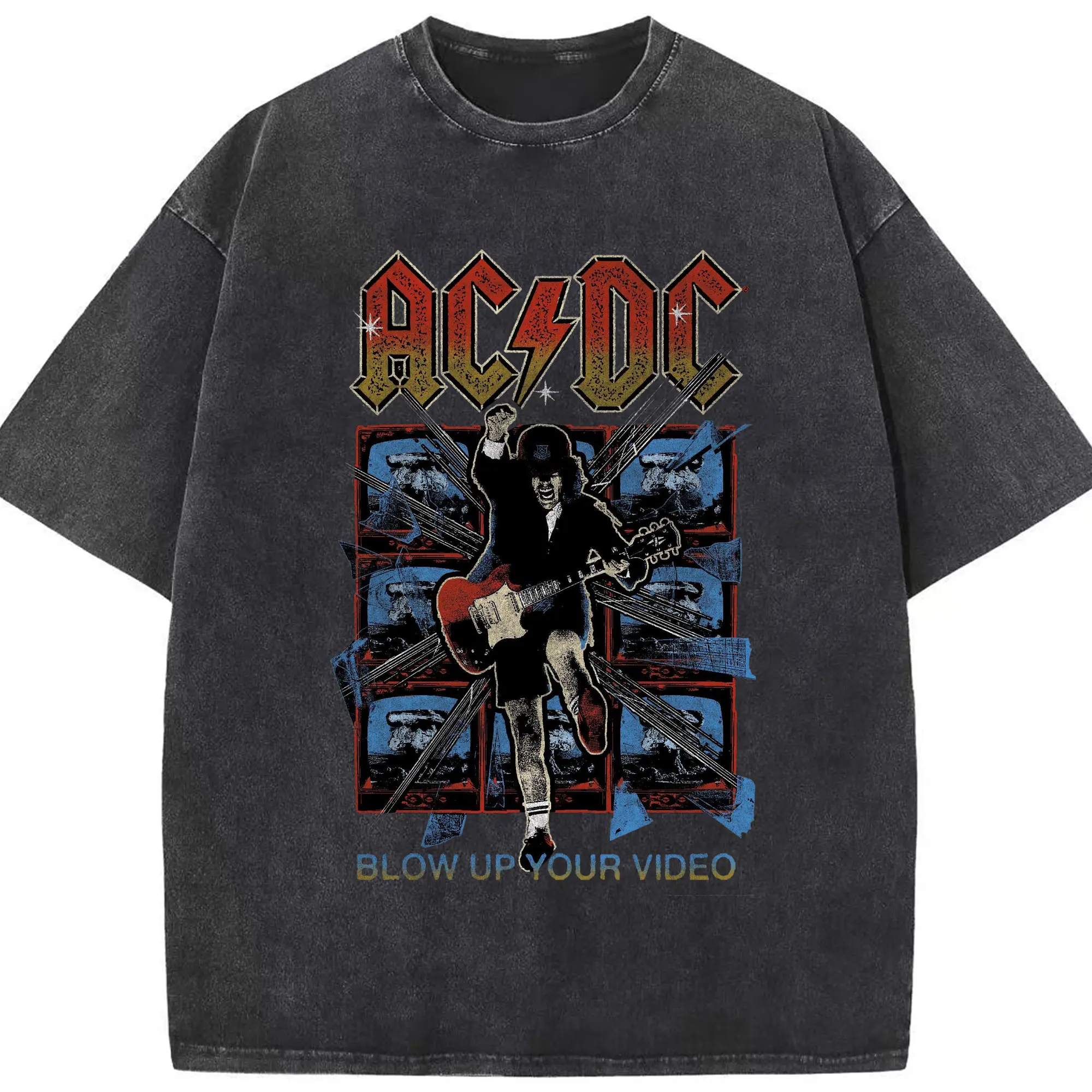 AC/DC Hard Rock “Blow Up Your Video” DIY - Washed Vintage Look 230g Cotton Oversized T-Shirt With Front Heat Transfer Print – Soft, Lightweight, Stylish Fit – Comfortable Casual Wear For Sports & Everyday Use