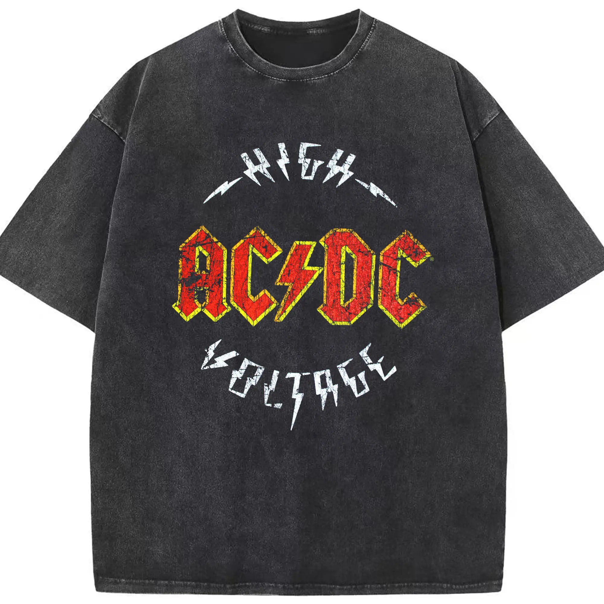 AC/DC Hard Rock Logo - Washed Vintage Look 230g Cotton Oversized T-Shirt With Front Heat Transfer Print – Soft, Lightweight, Stylish Fit – Comfortable Casual Wear For Sports & Everyday Use