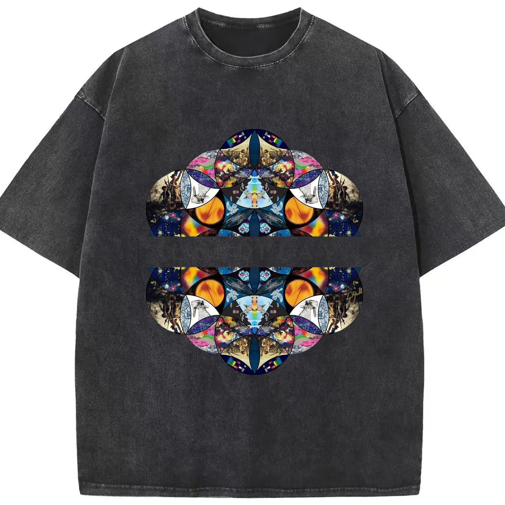 Coldplay Art Rock Symmetrical Collage DIY - Washed Vintage Look 230g Cotton Oversized T-Shirt With Front Heat Transfer Print – Soft, Lightweight, Stylish Fit – Comfortable Casual Wear For Sports & Everyday Use