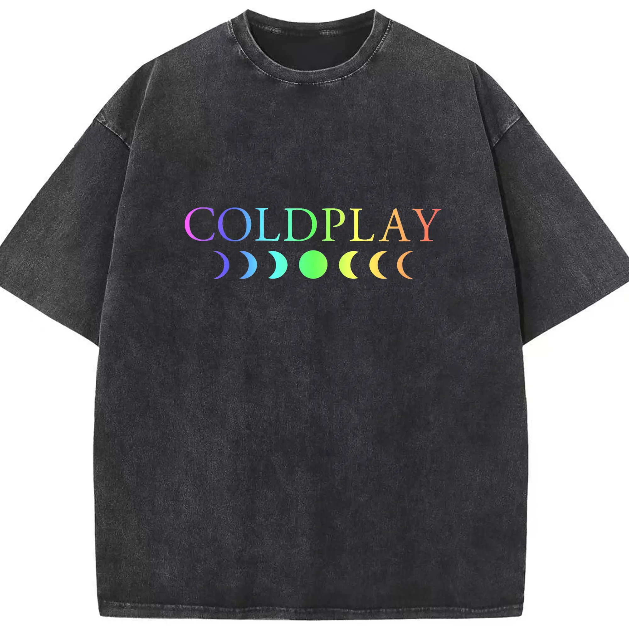 Coldplay Rainbow Moon Phase DIY - Washed Vintage Look 230g Cotton Oversized T-Shirt With Front Heat Transfer Print – Soft, Lightweight, Stylish Fit – Comfortable Casual Wear For Sports & Everyday Use
