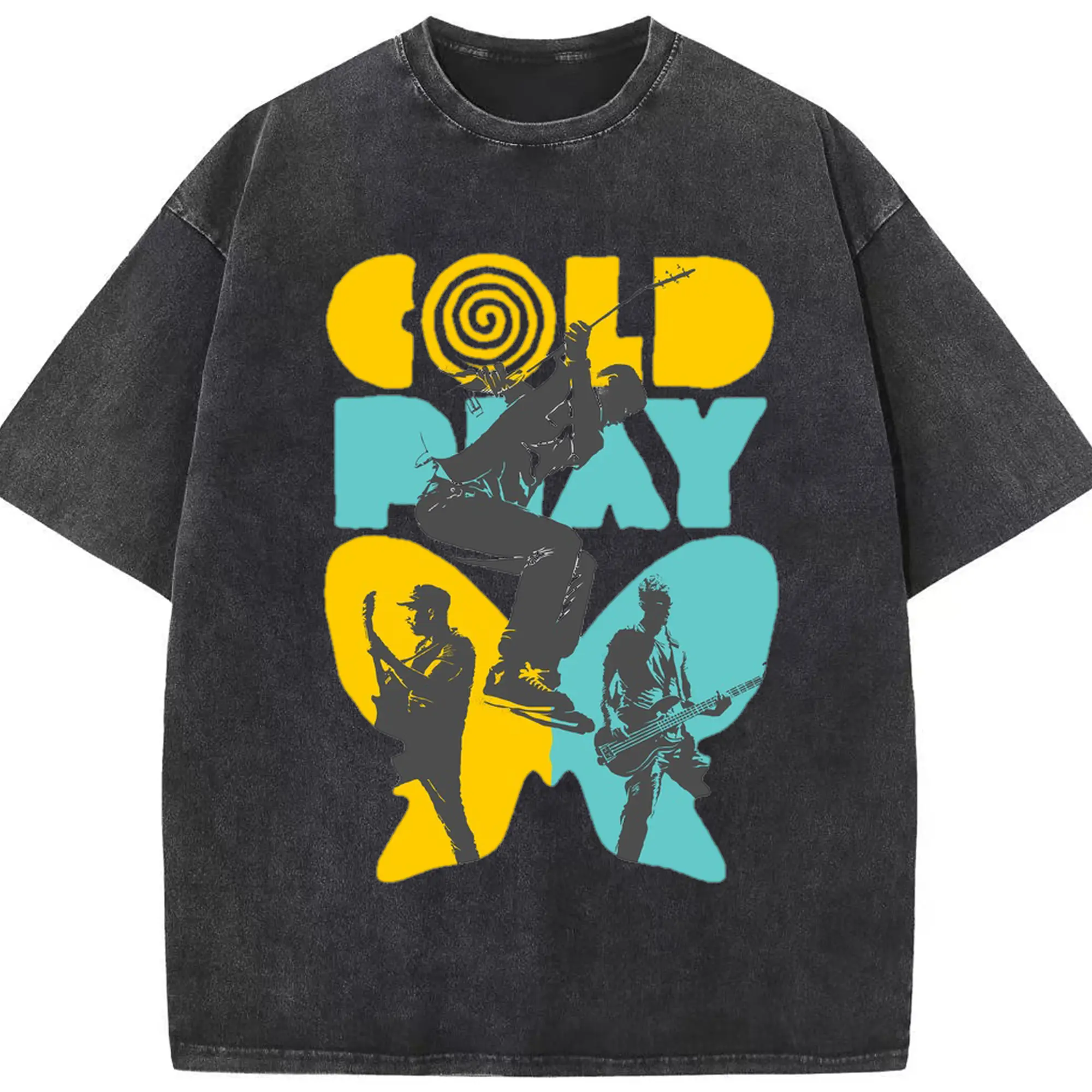 Coldplay Rock Band Live Performance DIY - Washed Vintage Look 230g Cotton Oversized T-Shirt With Front Heat Transfer Print – Soft, Lightweight, Stylish Fit – Comfortable Casual Wear For Sports & Everyday Use