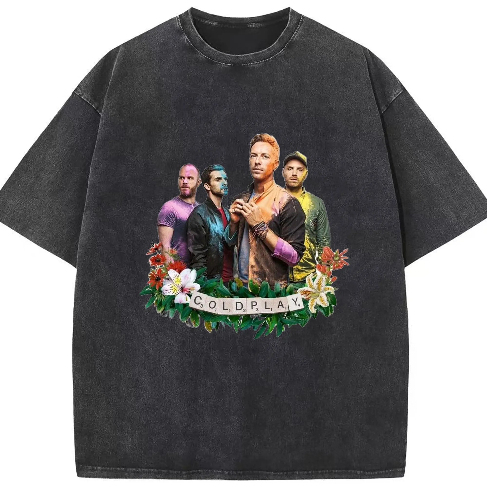 Coldplay Floral Art Rock DIY - Washed Vintage Look 230g Cotton Oversized T-Shirt With Front Heat Transfer Print – Soft, Lightweight, Stylish Fit – Comfortable Casual Wear For Sports & Everyday Use