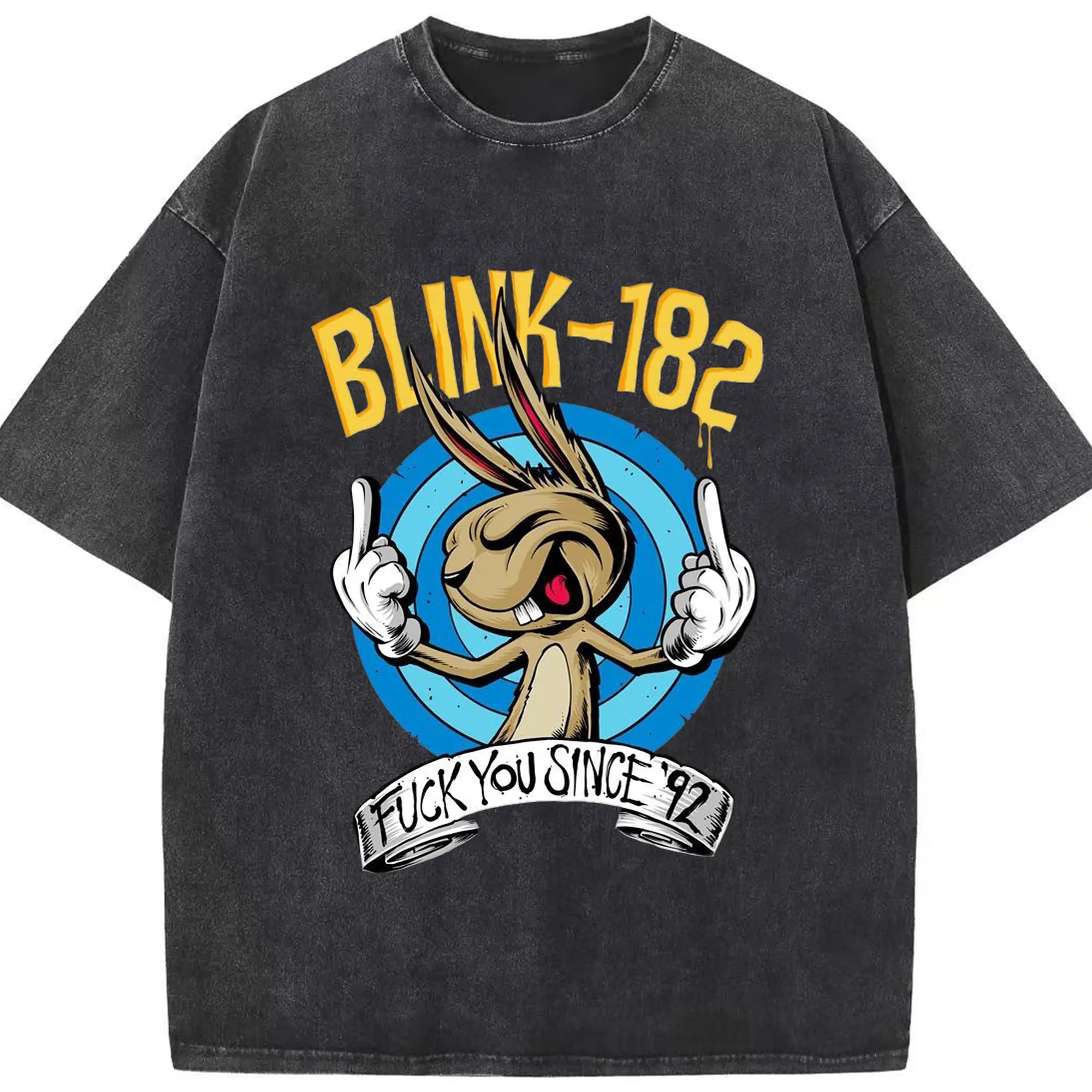 Link-182 Punk Rock Rebel Bunny DIY - Washed Vintage Look 230g Cotton Oversized T-Shirt With Front Heat Transfer Print – Soft, Lightweight, Stylish Fit – Comfortable Casual Wear For Sports & Everyday Use