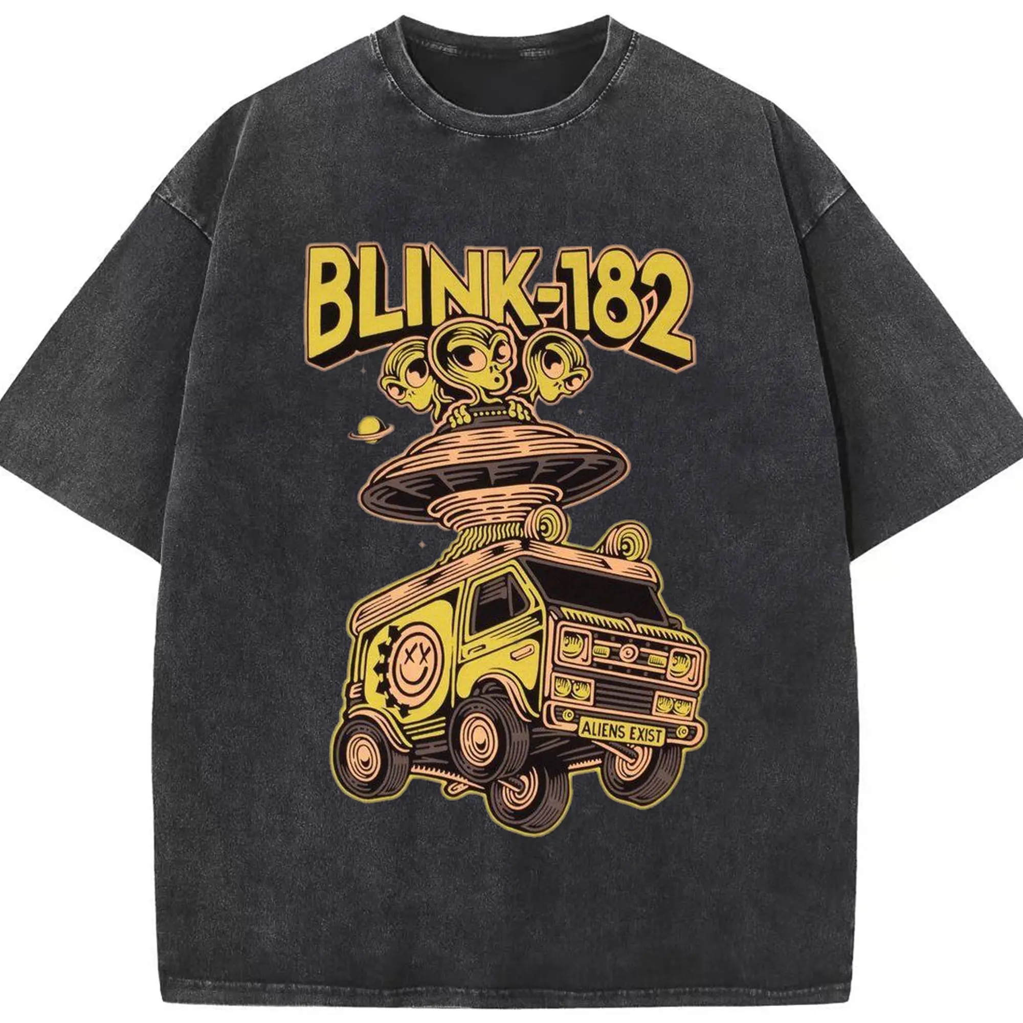Blink-182 Retro Sci-Fi Alien Punk DIY - Washed Vintage Look 230g Cotton Oversized T-Shirt With Front Heat Transfer Print – Soft, Lightweight, Stylish Fit – Comfortable Casual Wear For Sports & Everyday Use