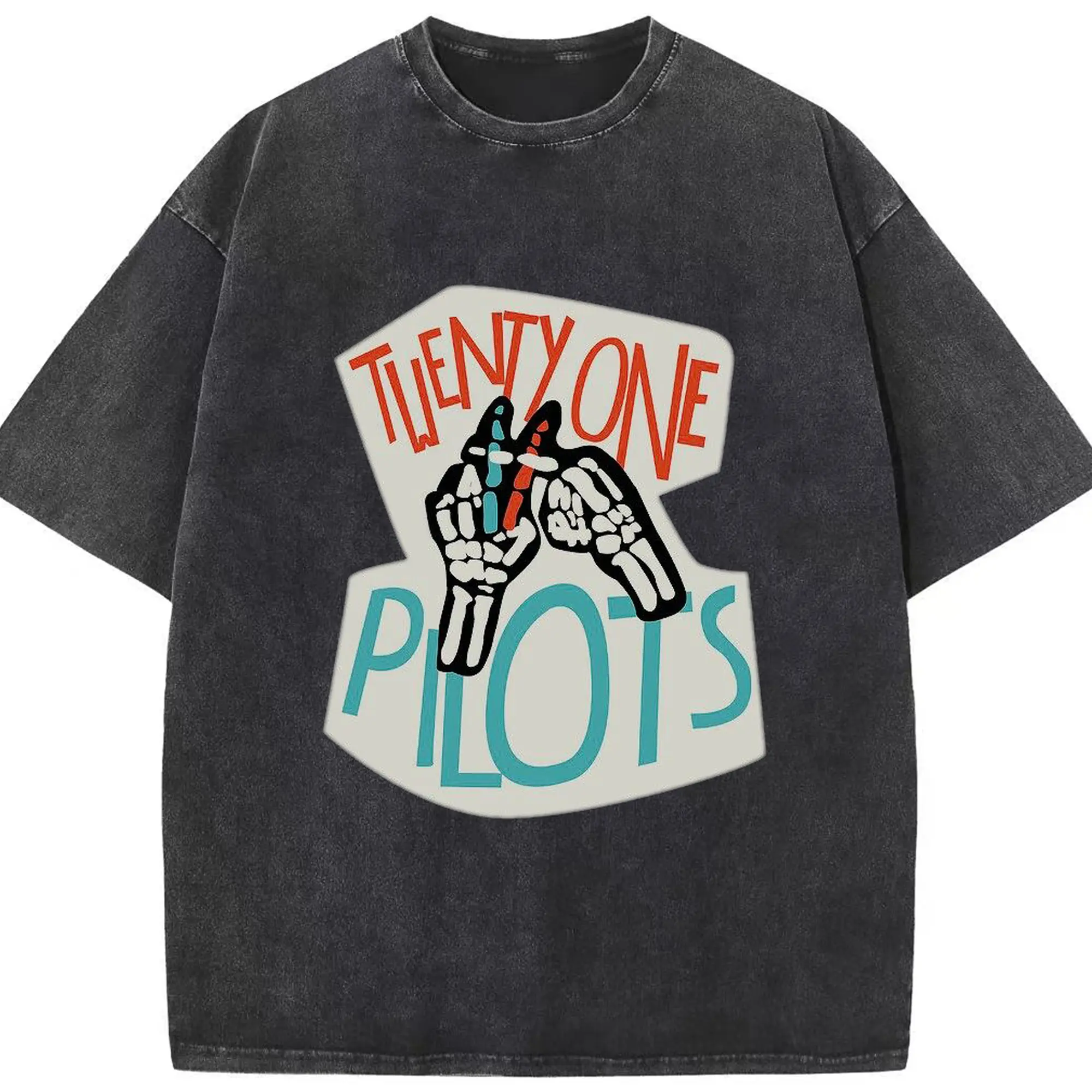 Twenty One Pilots Skeleton Hands Logo DIY - Washed Vintage Look 230g Cotton Oversized T-Shirt With Front Heat Transfer Print – Soft, Lightweight, Stylish Fit – Comfortable Casual Wear For Sports & Everyday Use