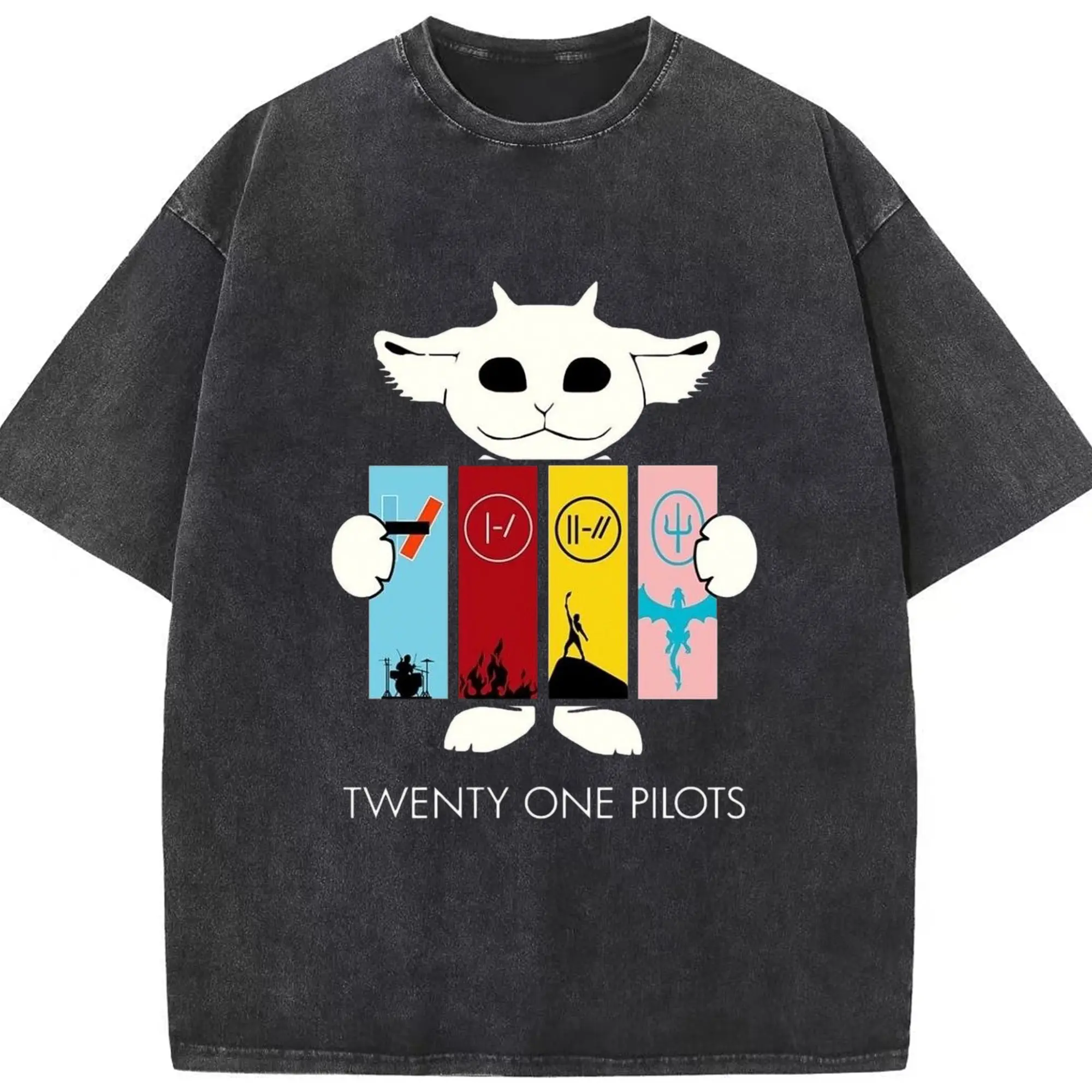 Twenty One Pilots Monster Cartoon Rock DIY - Washed Vintage Look 230g Cotton Oversized T-Shirt With Front Heat Transfer Print – Soft, Lightweight, Stylish Fit – Comfortable Casual Wear For Sports & Everyday Use