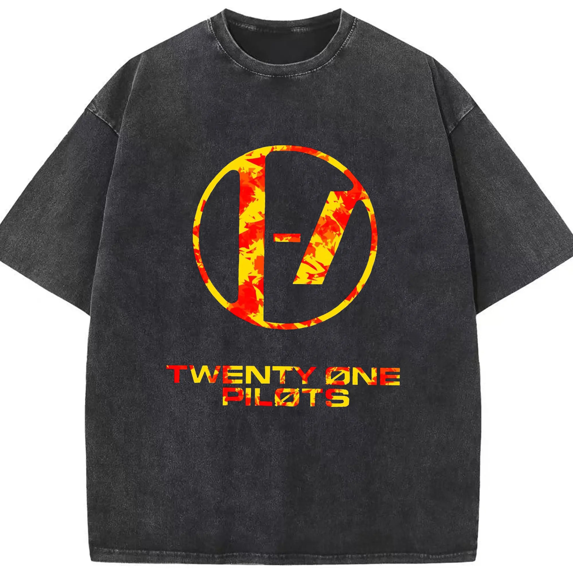 Twenty One Pilots Flame Texture Rock DIY - Washed Vintage Look 230g Cotton Oversized T-Shirt With Front Heat Transfer Print – Soft, Lightweight, Stylish Fit – Comfortable Casual Wear For Sports & Everyday Use