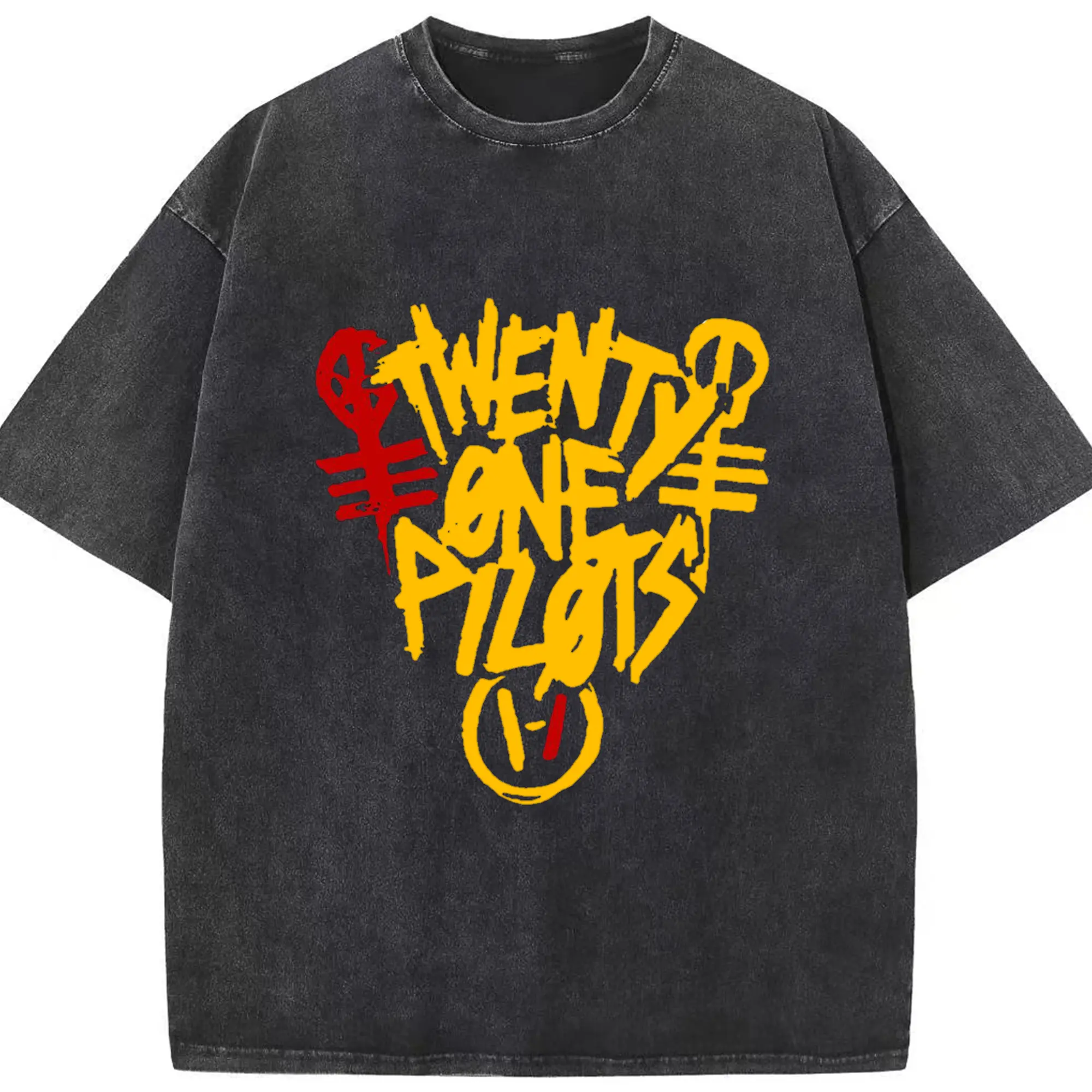 Twenty One Pilots Hand drawn doodle style Logo - Washed Vintage Look 230g Cotton Oversized T-Shirt With Front Heat Transfer Print – Soft, Lightweight, Stylish Fit – Comfortable Casual Wear For Sports & Everyday Use