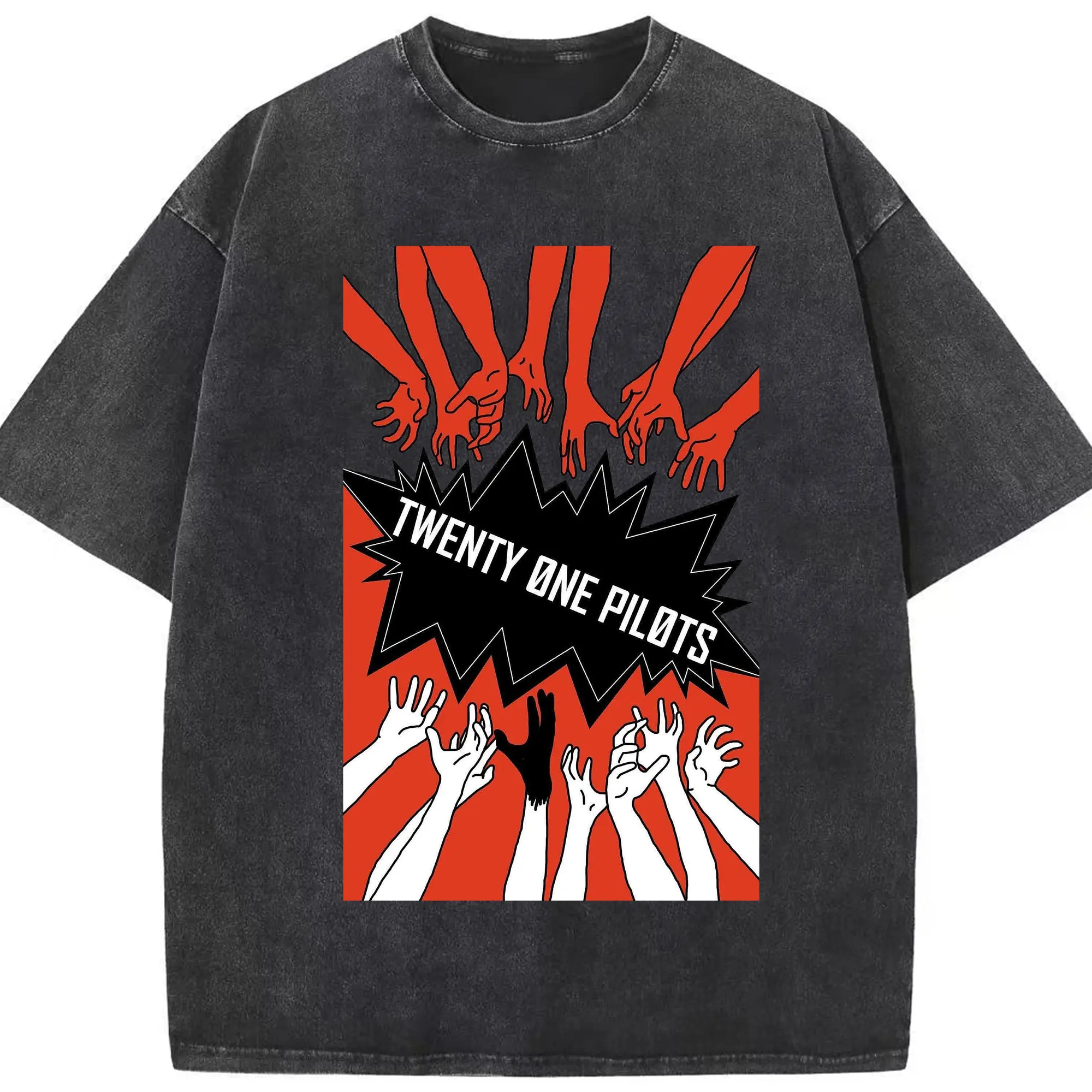 Twenty One Pilots Comic Art Rock DIY - Washed Vintage Look 230g Cotton Oversized T-Shirt With Front Heat Transfer Print – Soft, Lightweight, Stylish Fit – Comfortable Casual Wear For Sports & Everyday Use