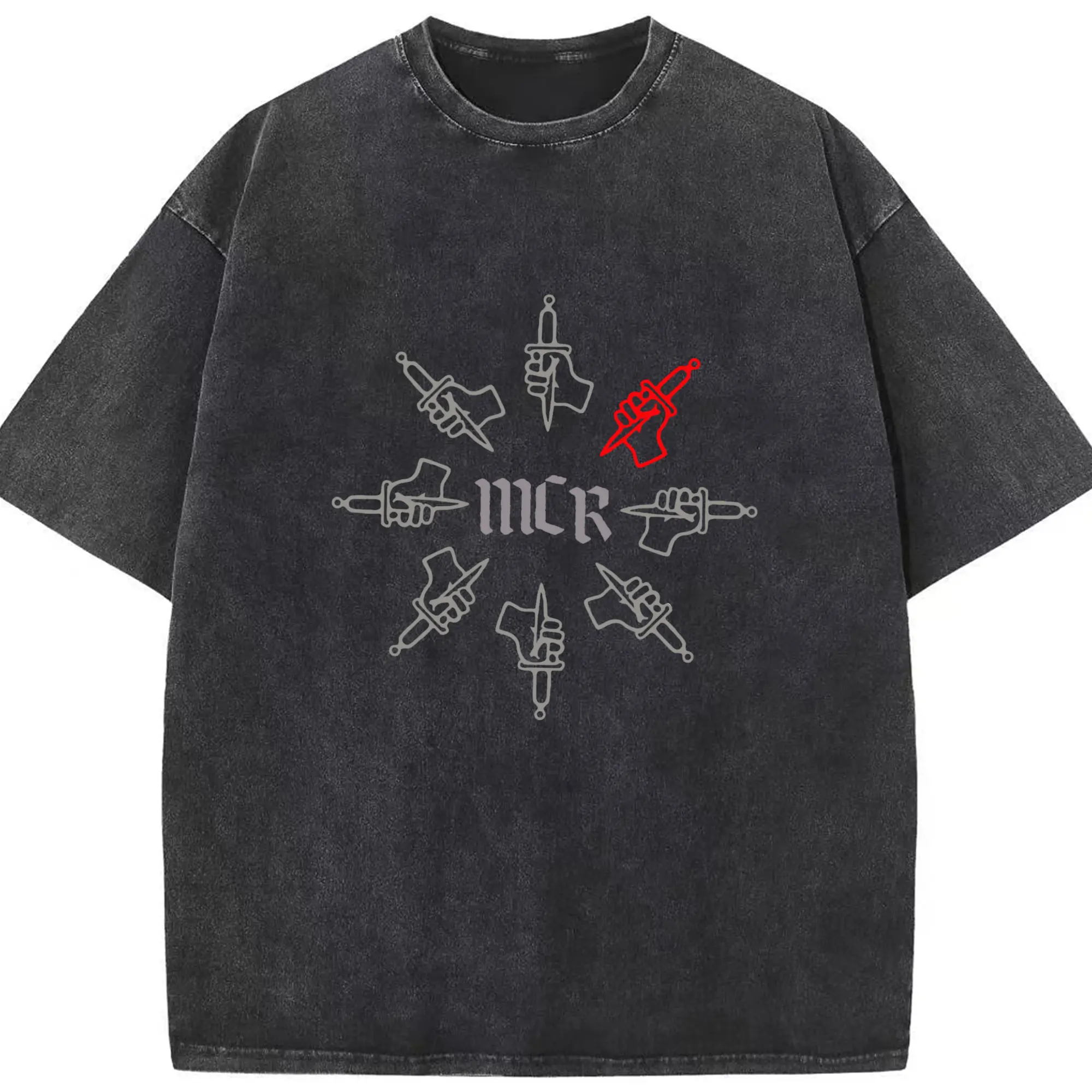 My Chemical Romance Emo Rock Dagger Logo DIY - Washed Vintage Look 230g Cotton Oversized T-Shirt With Front Heat Transfer Print – Soft, Lightweight, Stylish Fit – Comfortable Casual Wear For Sports & Everyday Use