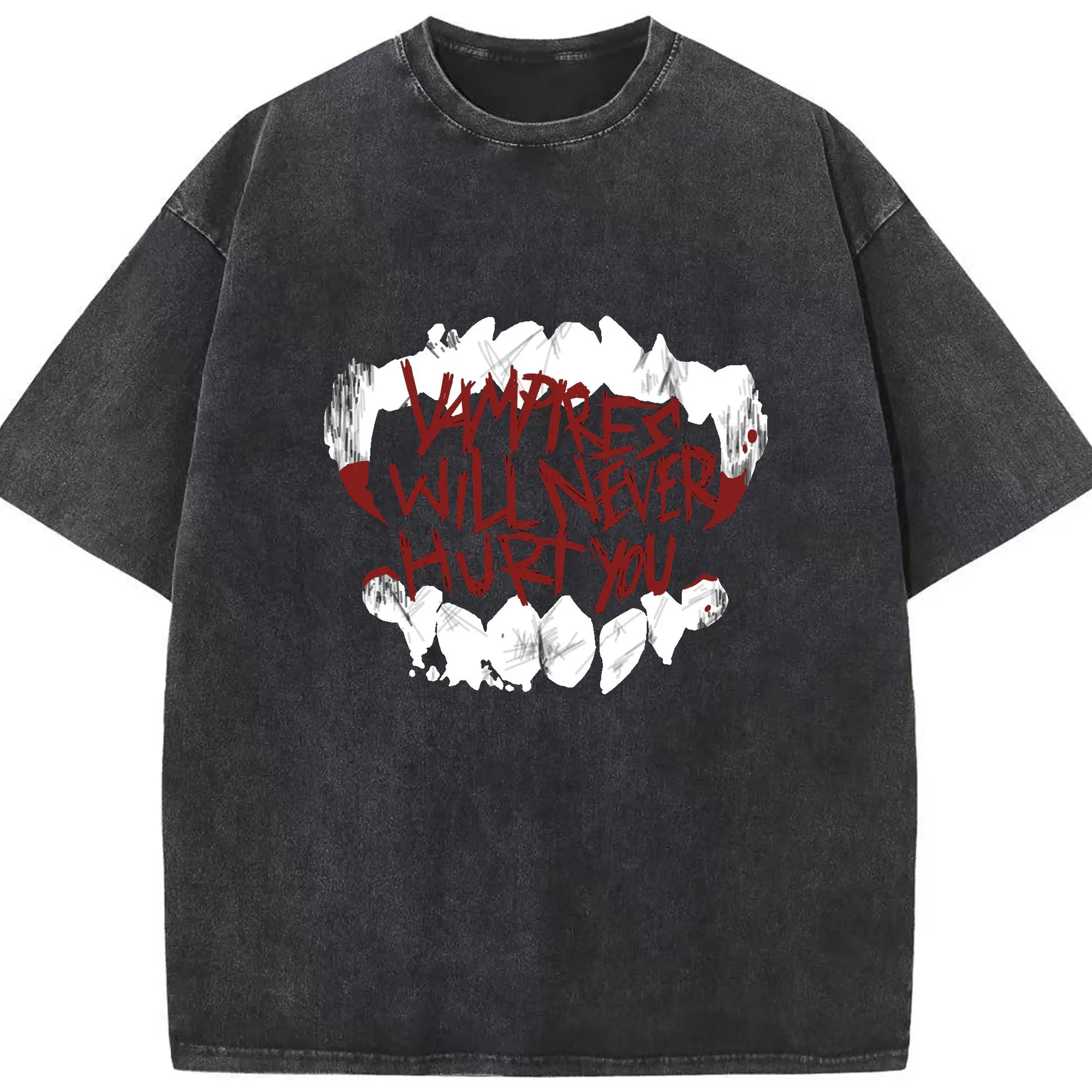 My Chemical Romance “Vampires Will Never Hurt You” DIY - Washed Vintage Look 230g Cotton Oversized T-Shirt With Front Heat Transfer Print – Soft, Lightweight, Stylish Fit – Comfortable Casual Wear For Sports & Everyday Use
